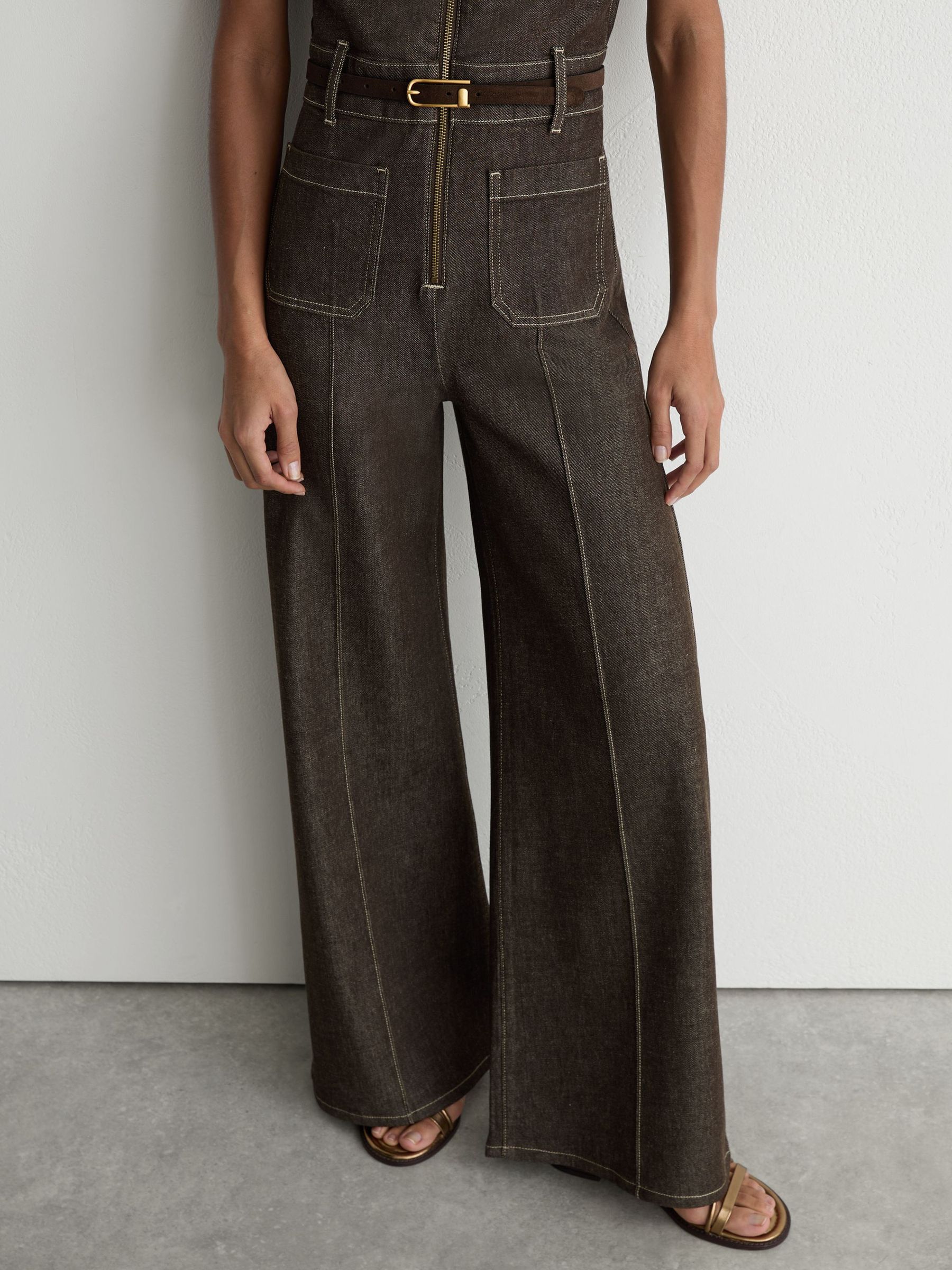 Petite Denim Wide-Leg Jumpsuit in Chocolate Brown - Image 5 of 8