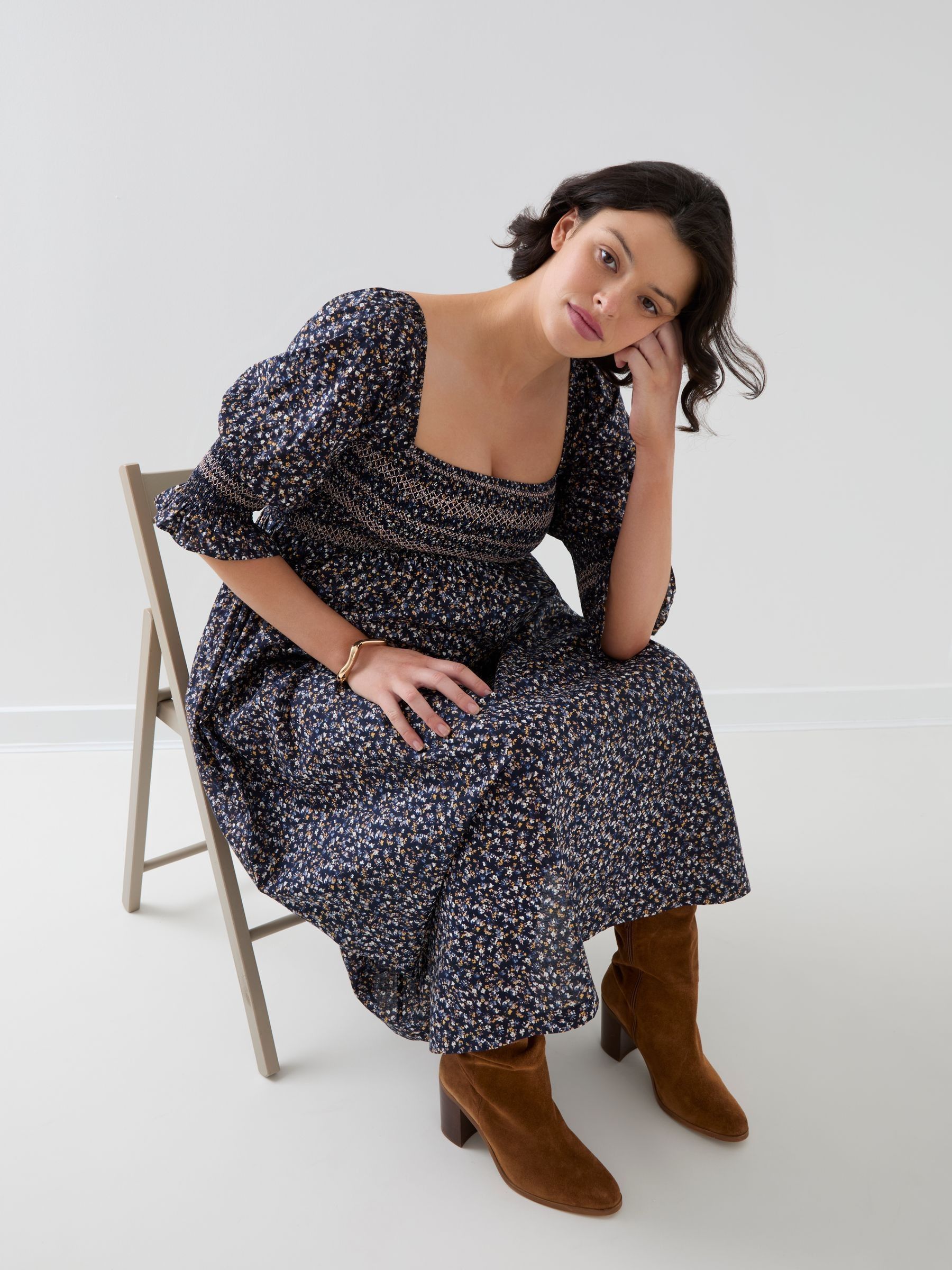 Dark Green Floral Long Sleeve Shirred Midi Maternity Dress - Image 5 of 5