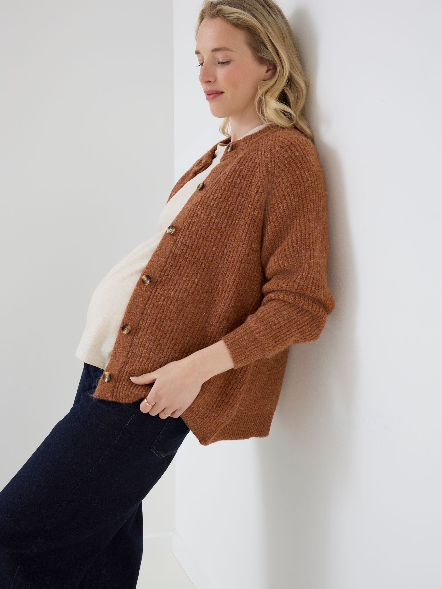 Toffee Brown Long Sleeve Chunky Knit Maternity Cardigan - Image 1 of 5 Toffee Brown Long Sleeve Chunky Knit Maternity Cardigan - Image 1 of 5