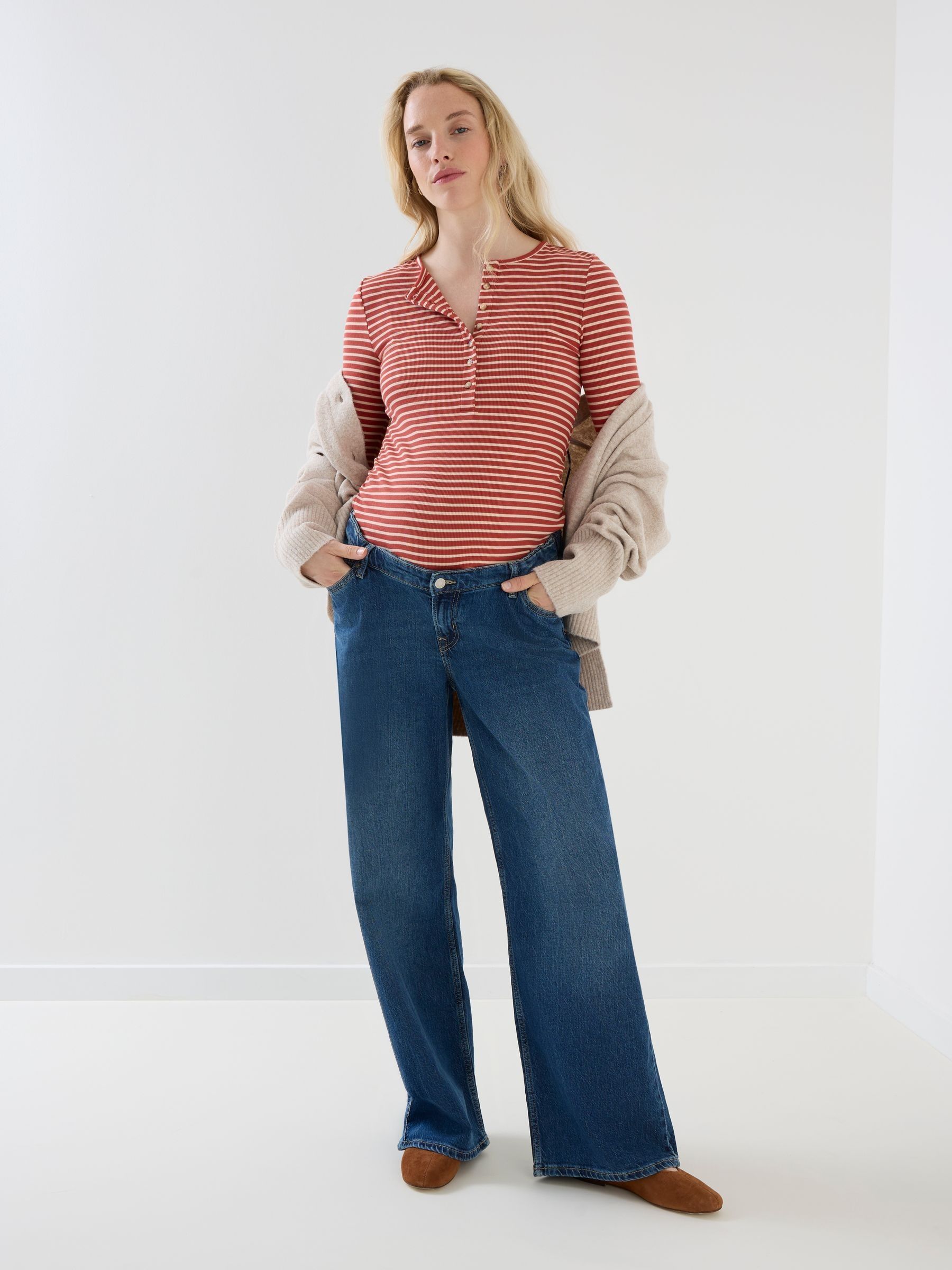 Rust Orange Striped Rib Jersey Button Up Maternity Top - Image 2 of 8 Rust Orange Striped Rib Jersey Button Up Maternity Top - Image 2 of 8