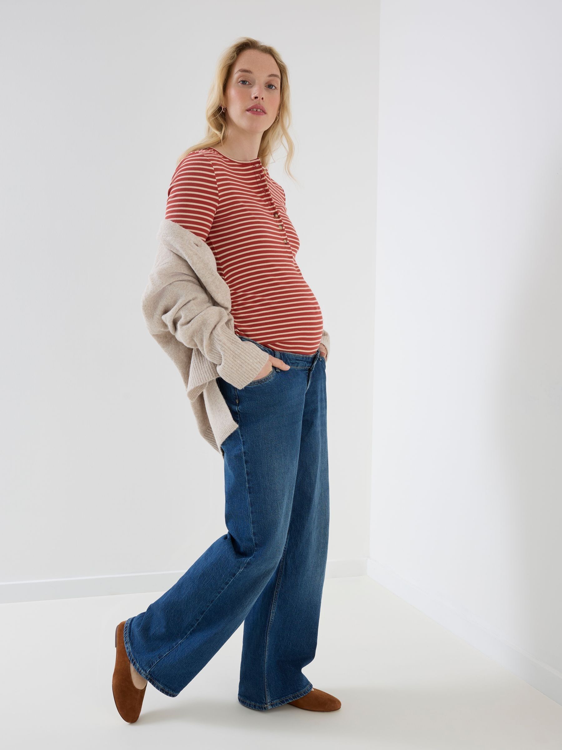 Rust Orange Striped Rib Jersey Button Up Maternity Top - Image 3 of 8