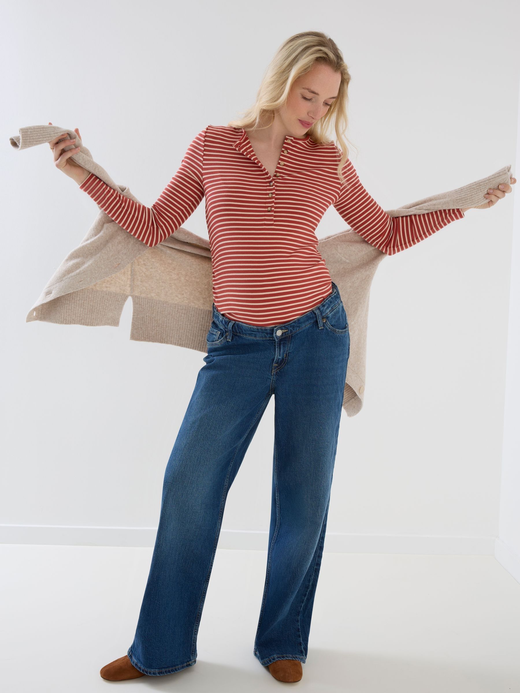 Rust Orange Striped Rib Jersey Button Up Maternity Top - Image 4 of 8