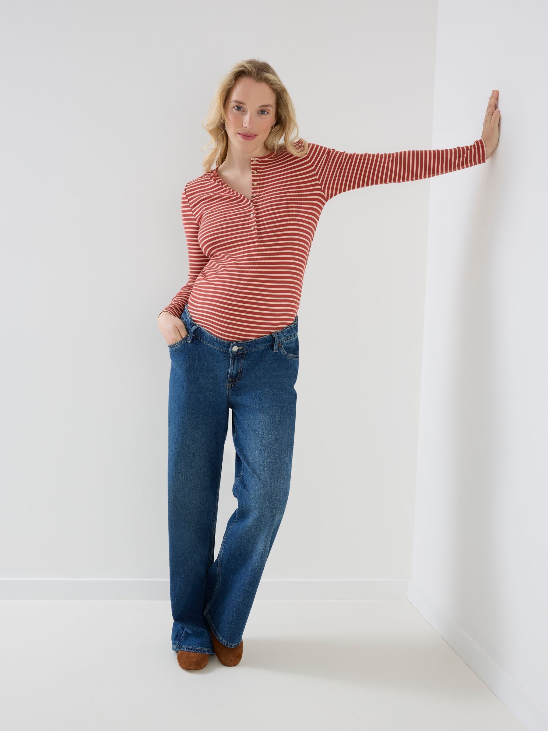Rust Orange Striped Rib Jersey Button Up Maternity Top - Image 5 of 8