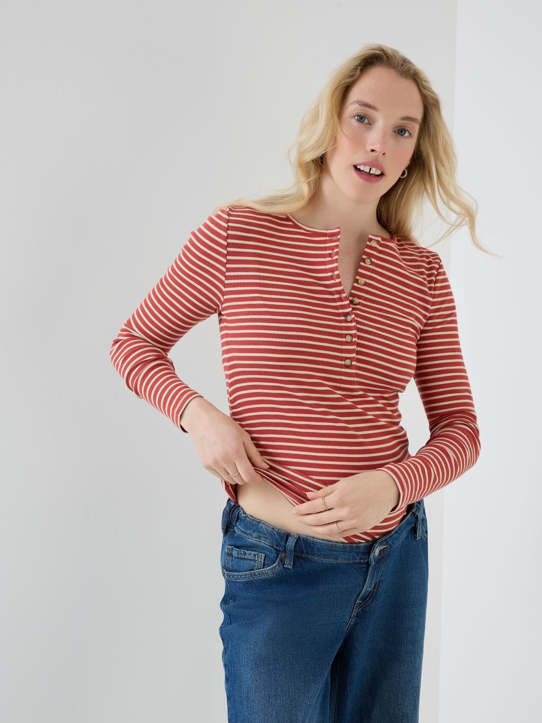 Rust Orange Striped Rib Jersey Button Up Maternity Top - Image 6 of 8