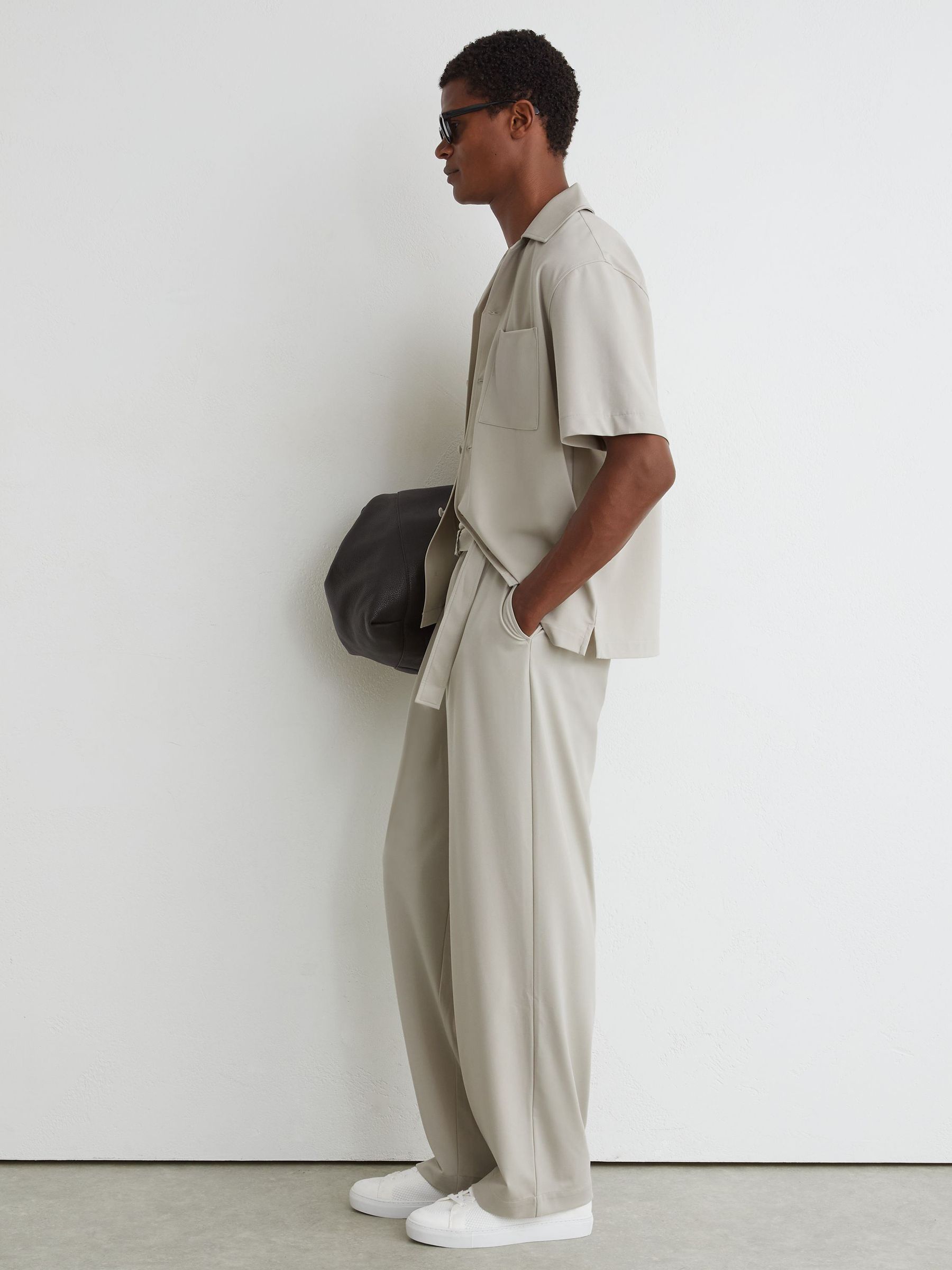 Belted Relaxed-Fit Pleated Trousers in Light Stone - Image 4 of 8