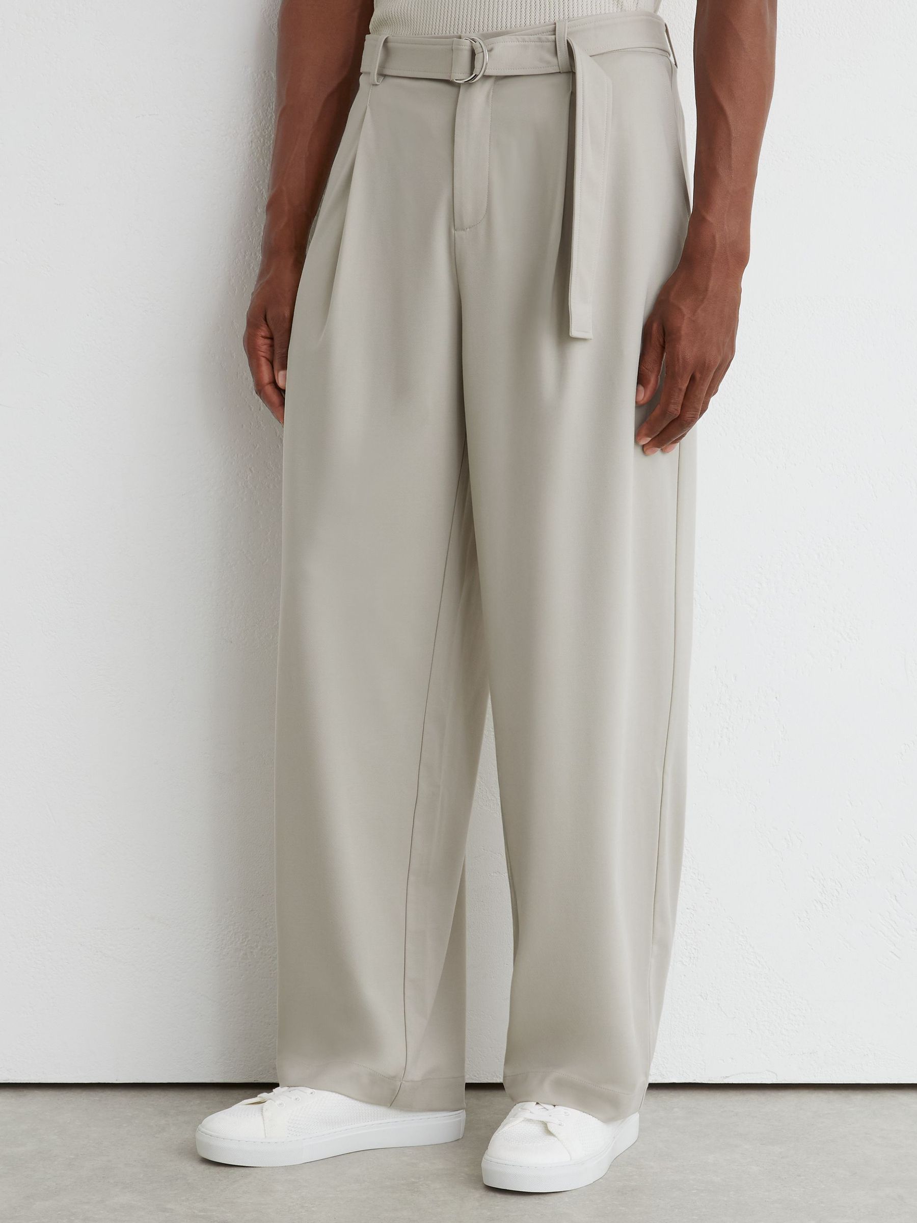 Belted Relaxed-Fit Pleated Trousers in Light Stone - Image 6 of 8