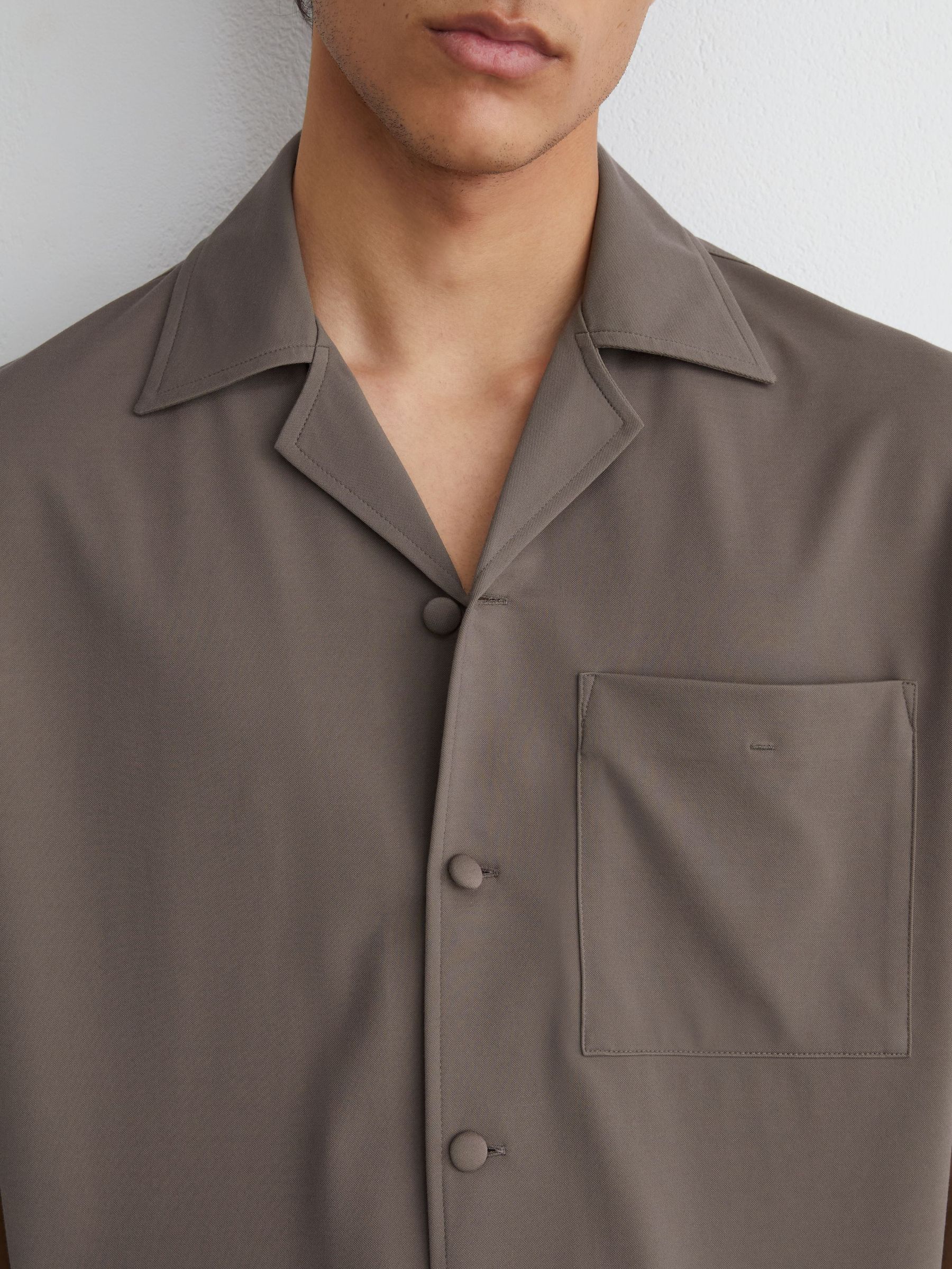 Cuban-Collar Short-Sleeve Shirt in Taupe Brown - Image 1 of 6