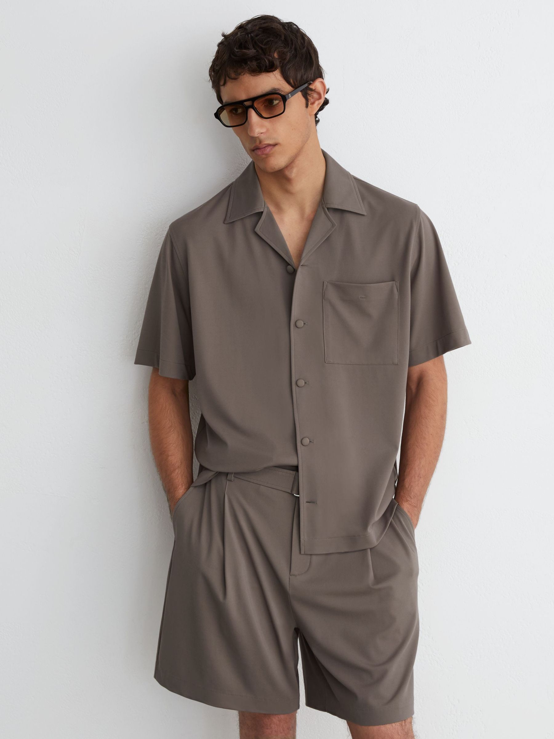 Cuban-Collar Short-Sleeve Shirt in Taupe Brown - Image 3 of 6