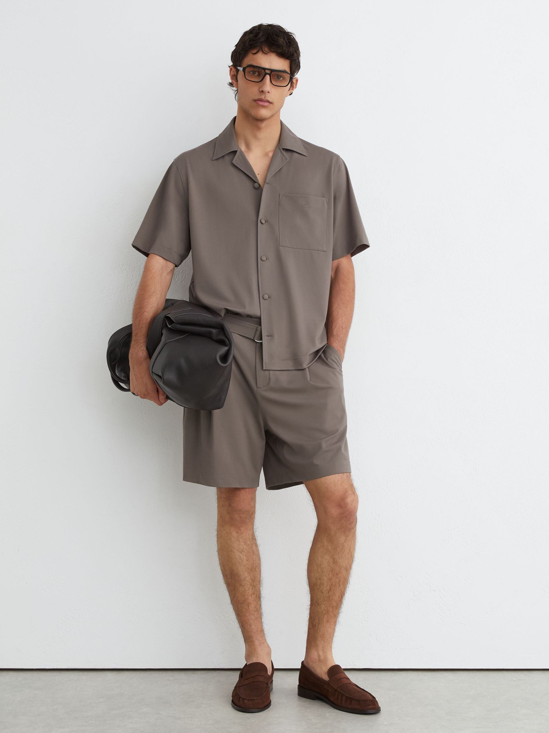 Cuban-Collar Short-Sleeve Shirt in Taupe Brown - Image 4 of 6