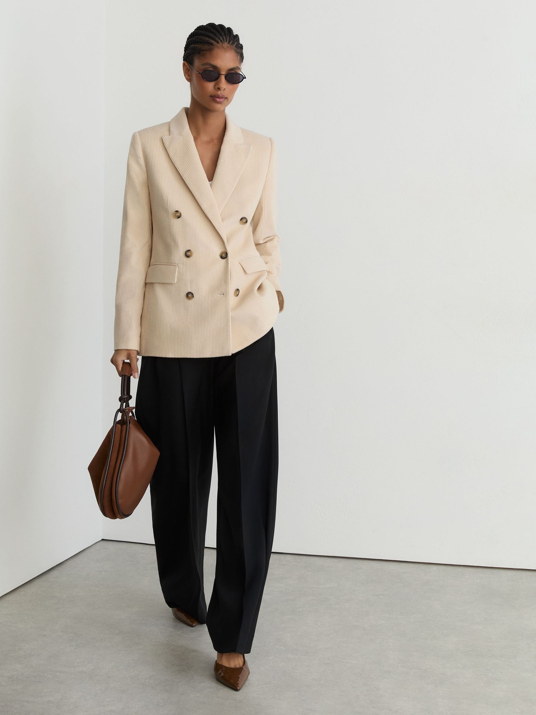 Cotton Corduroy Double-Breasted Blazer in Cream - Image 1 of 7
