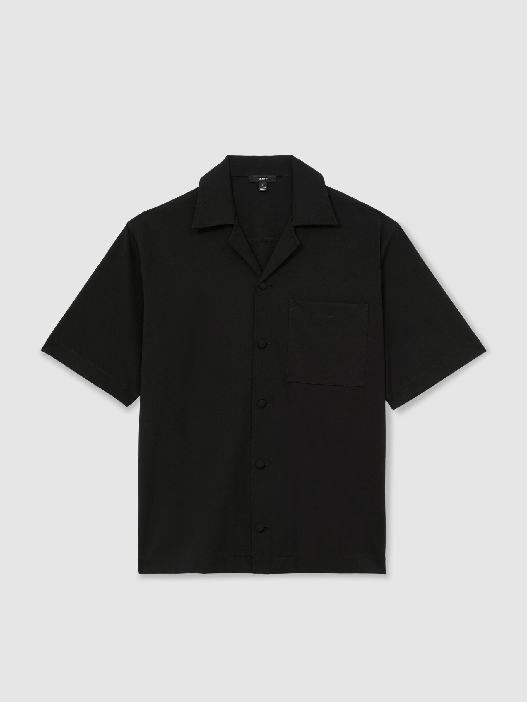 Cuban-Collar Short-Sleeve Shirt in Black - Image 2 of 6 Cuban-Collar Short-Sleeve Shirt in Black - Image 2 of 6