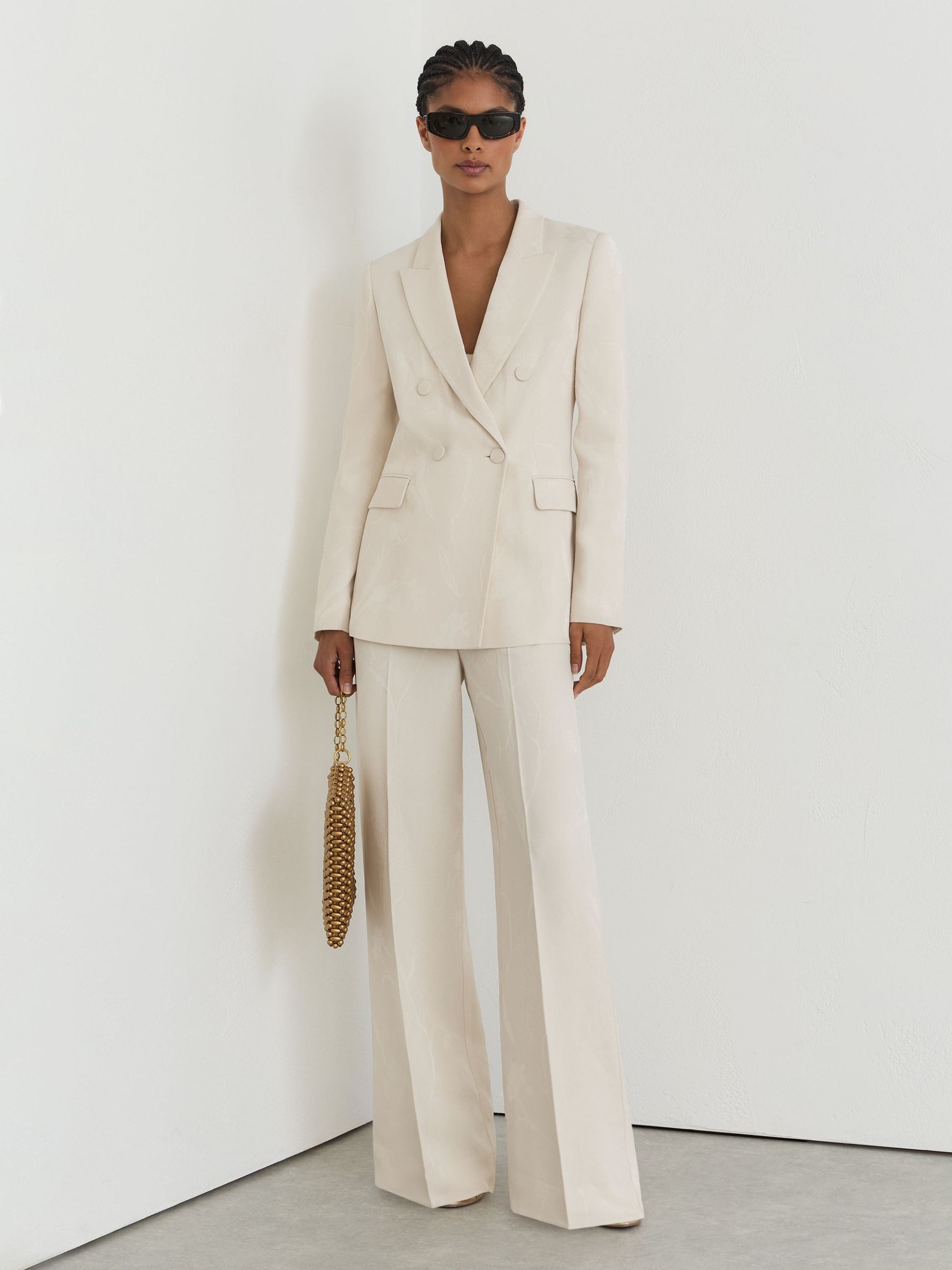 Petite Jacquard Double-Breasted Suit Blazer in White - Image 1 of 10