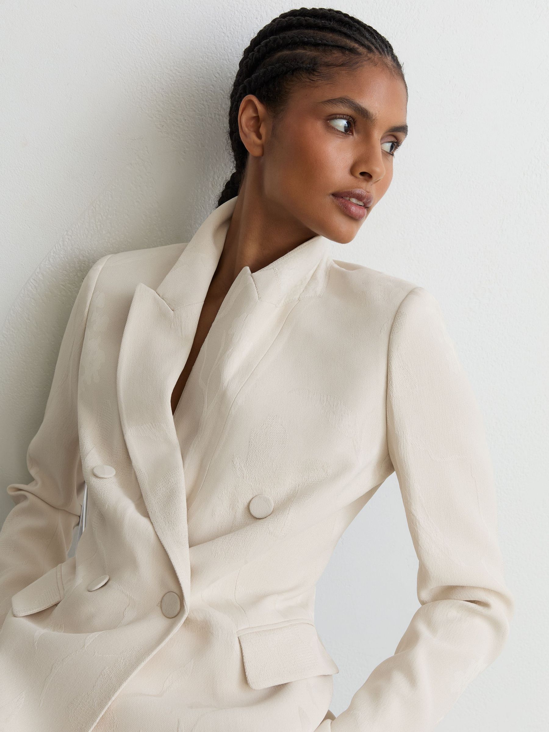 Petite Jacquard Double-Breasted Suit Blazer in White - Image 3 of 10