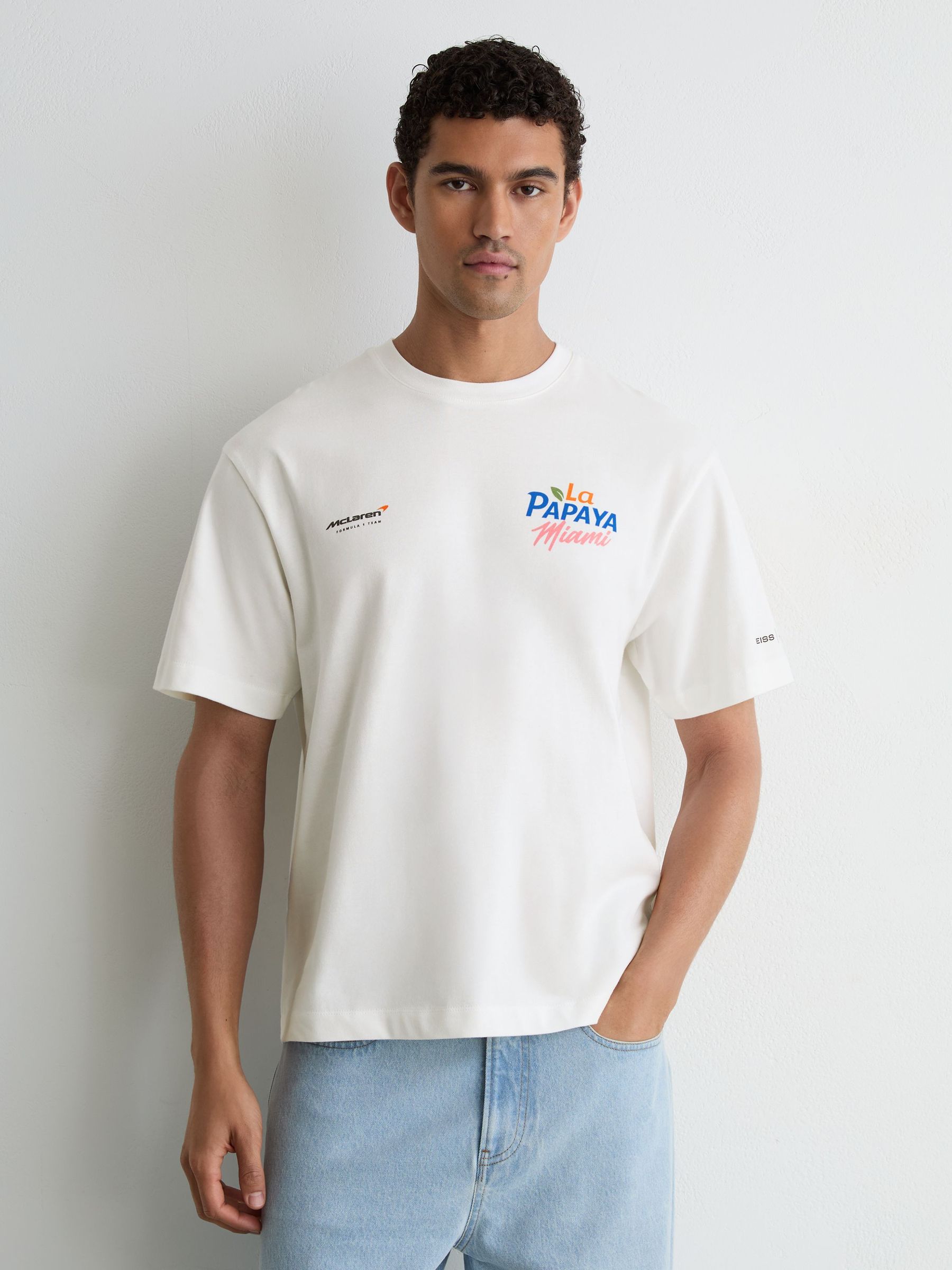 McLaren Racing Miami Papaya-Print T-Shirt Unisex-Fit in White - Image 5 of 7