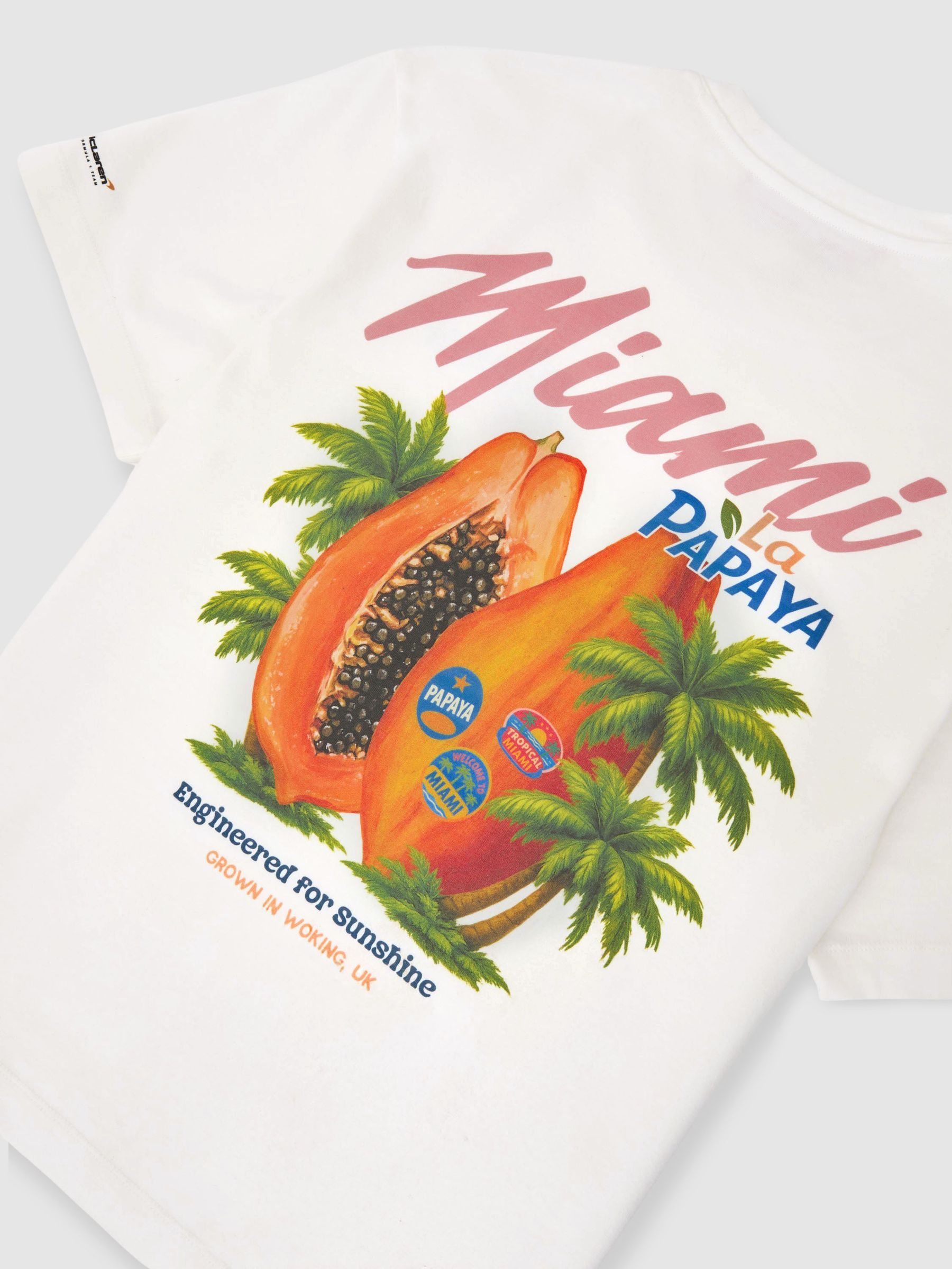 McLaren Racing Miami Papaya-Print T-Shirt Unisex-Fit in White - Image 6 of 7