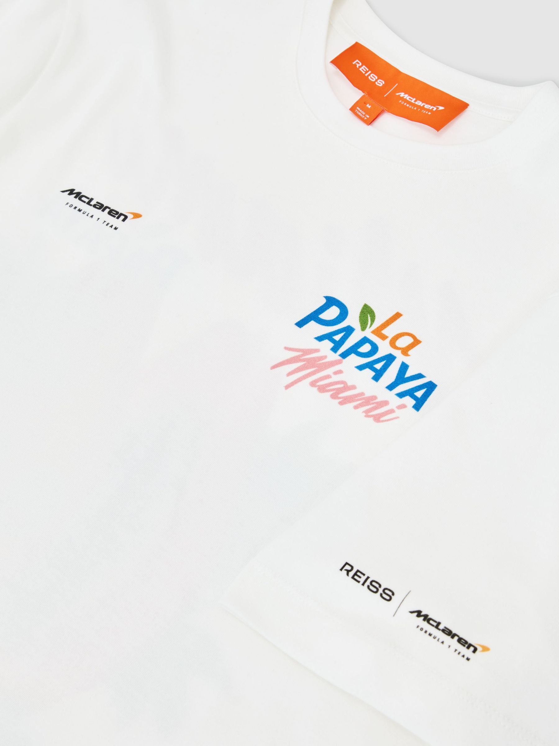 McLaren Racing Miami Papaya-Print T-Shirt Unisex-Fit in White - Image 7 of 7