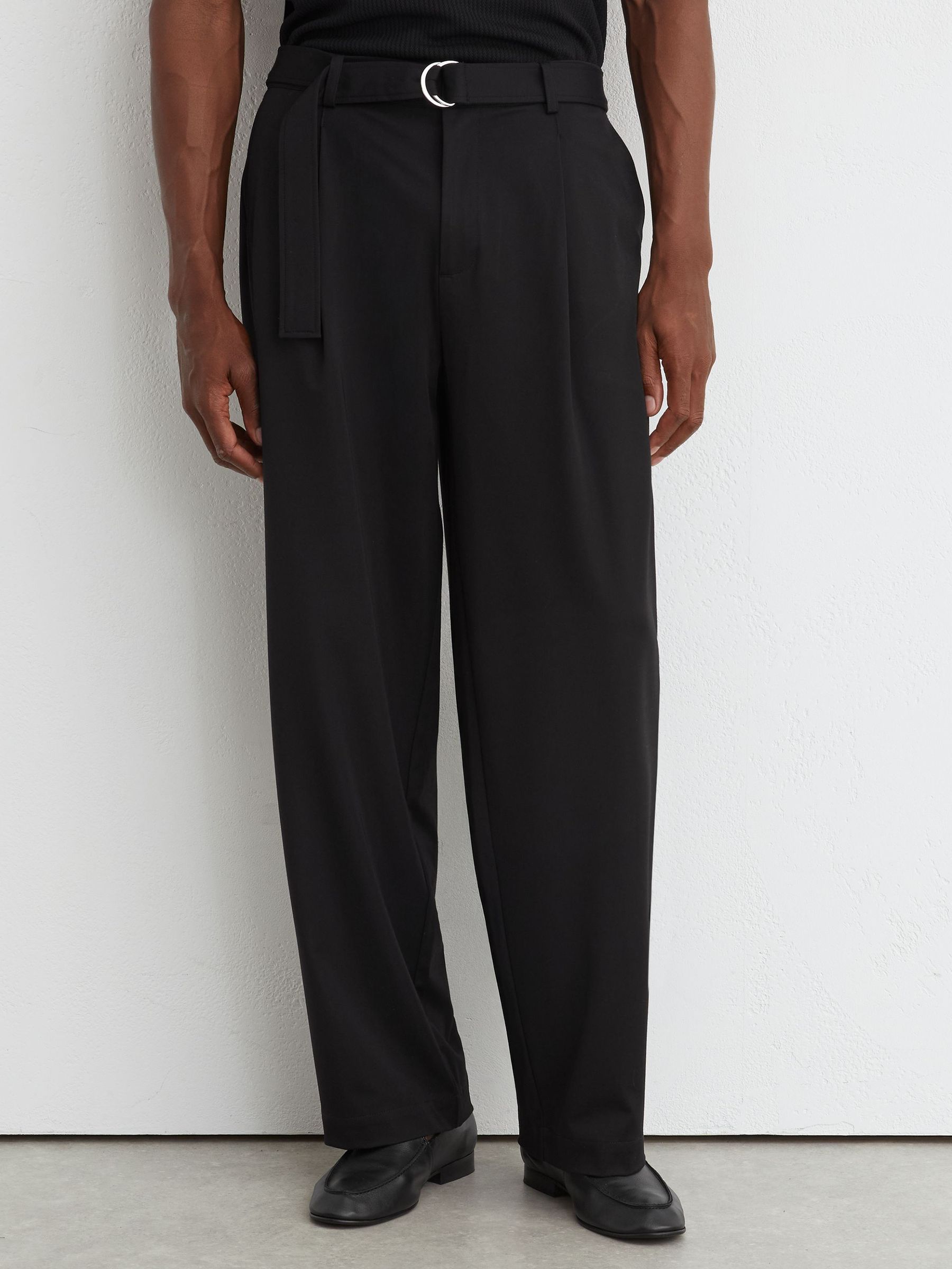 Belted Relaxed-Fit Pleated Trousers in Black - Image 3 of 7