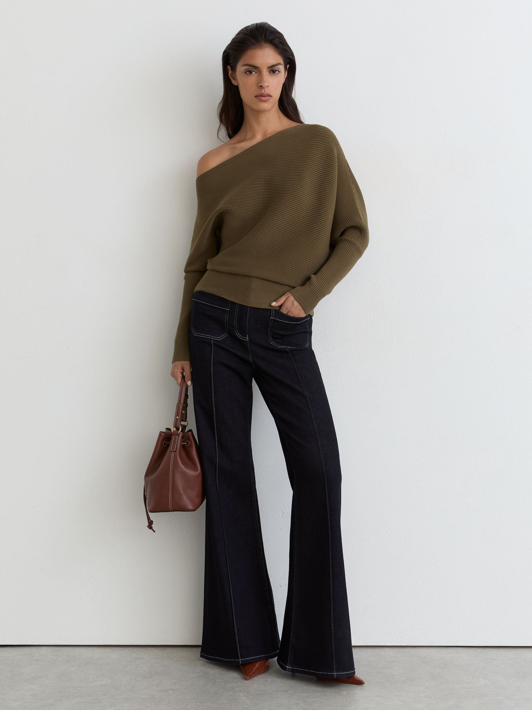 Asymmetric Draped Knitted Jumper in Khaki Green - Image 3 of 6