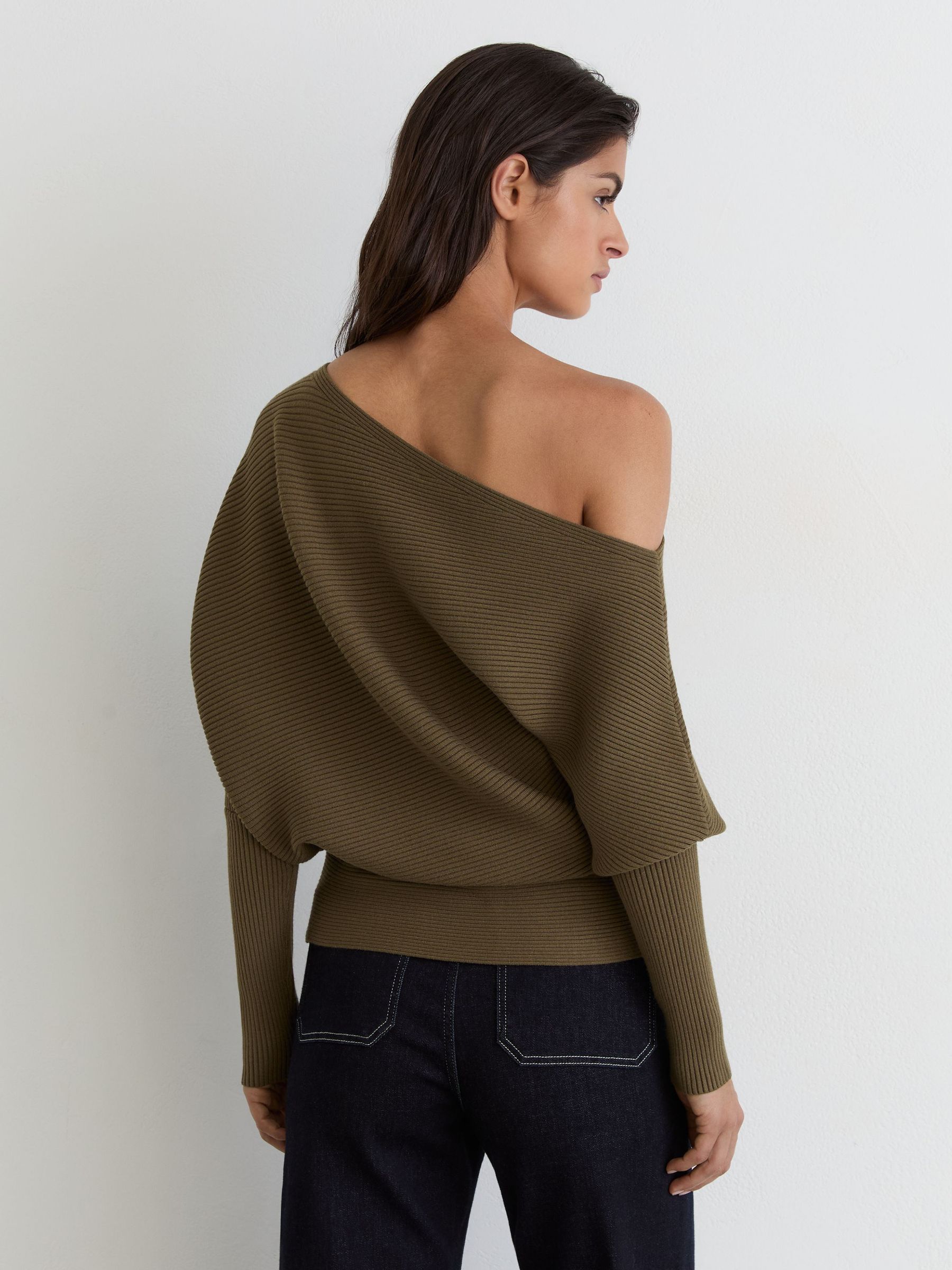 Asymmetric Draped Knitted Jumper in Khaki Green - Image 4 of 6