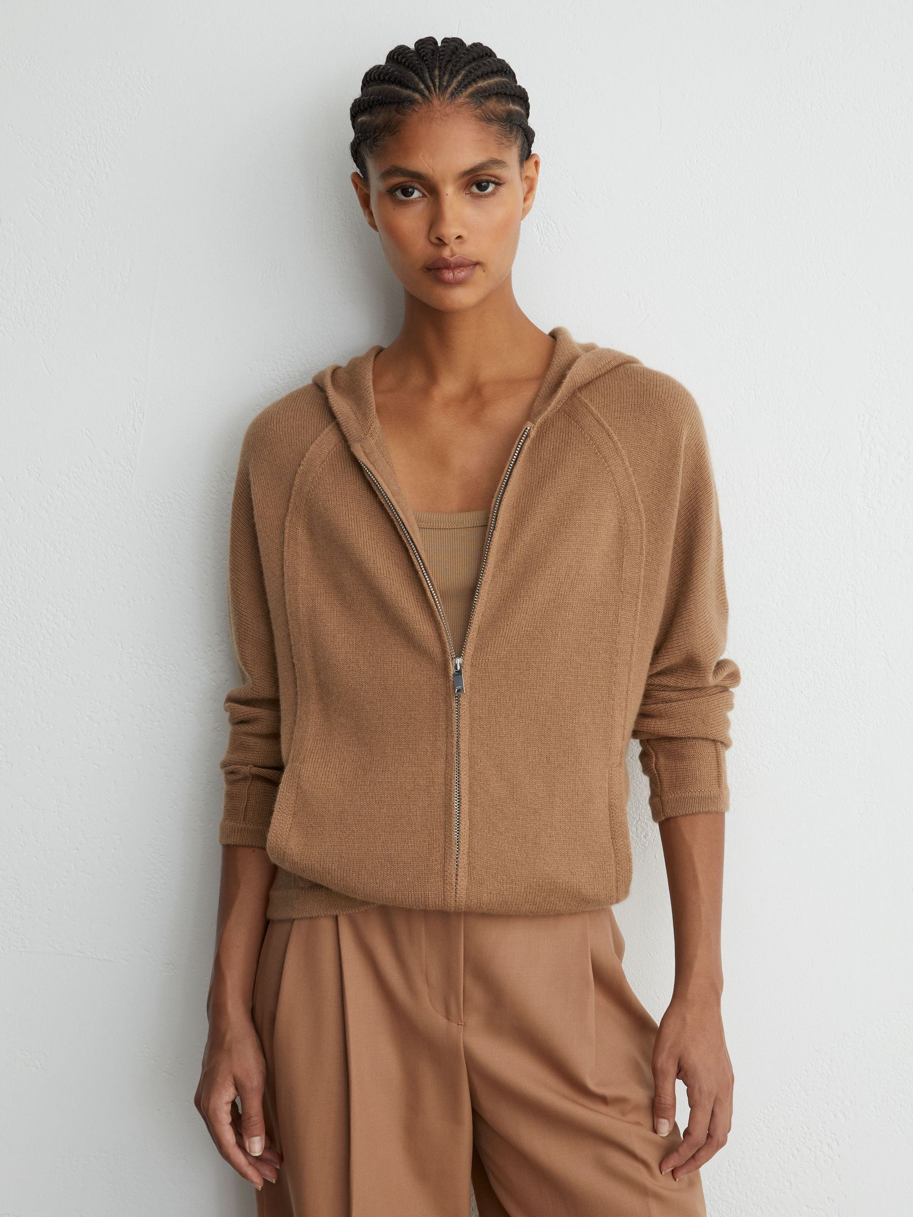 Wool-Blend Zip-Through Hoodie with Cashmere in Camel - Image 1 of 6