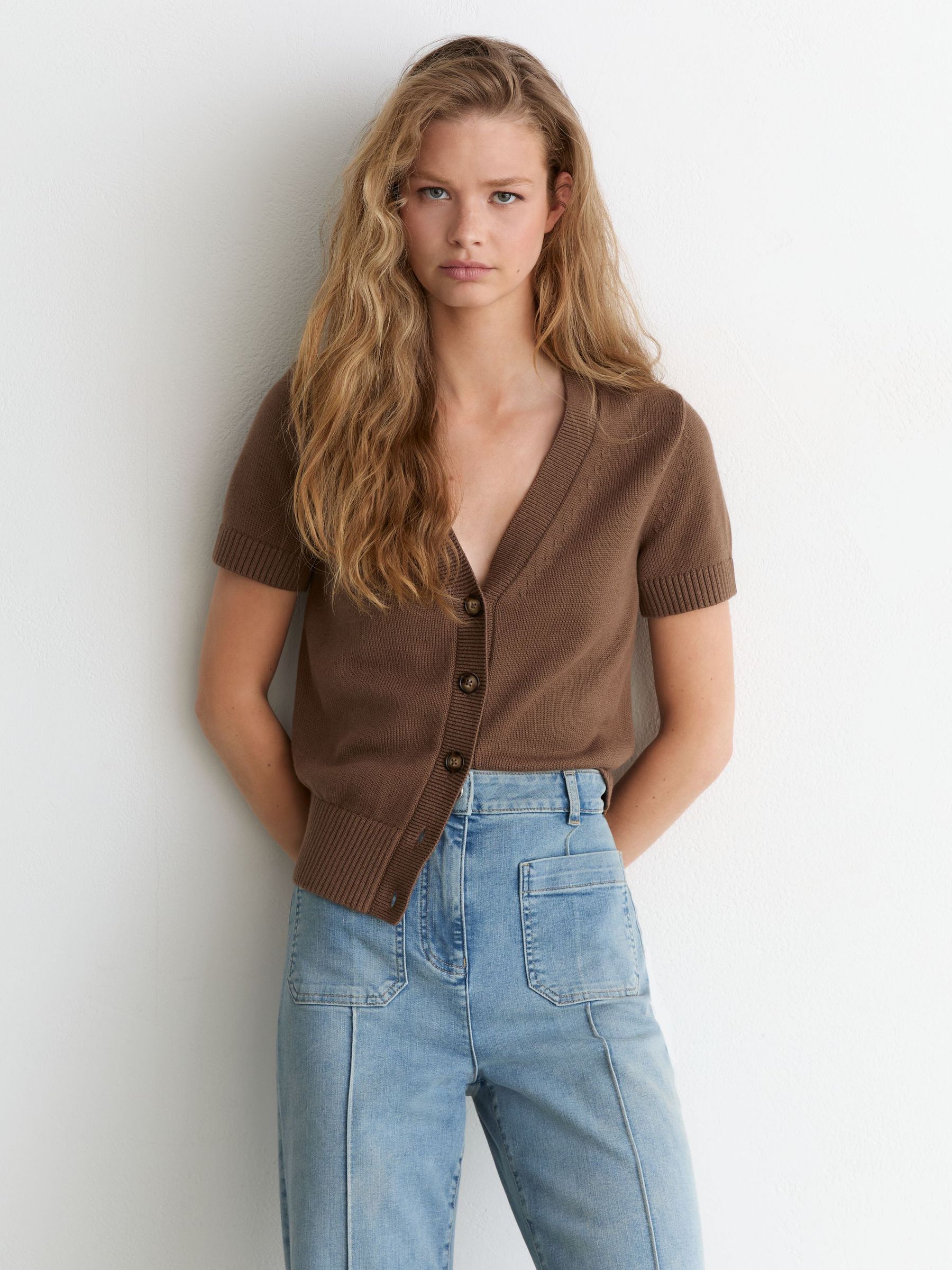 V-Neck Short-Sleeve Cardigan Cotton-Wool in Taupe Neutral - Image 1 of 6 V-Neck Short-Sleeve Cardigan Cotton-Wool in Taupe Neutral - Image 1 of 6
