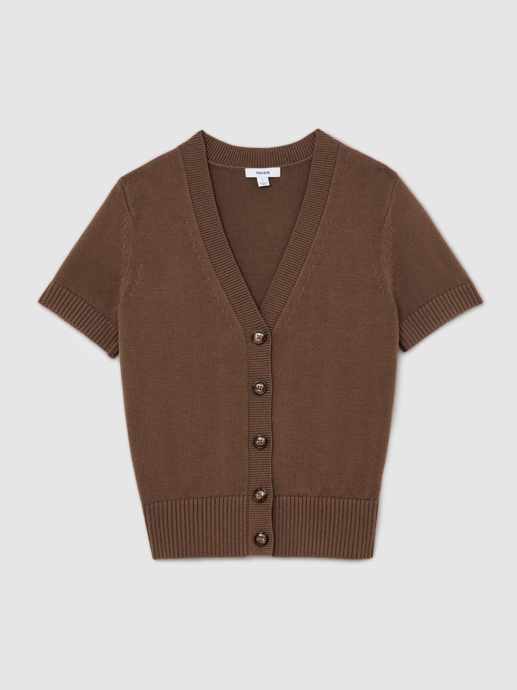 V-Neck Short-Sleeve Cardigan Cotton-Wool in Taupe Neutral - Image 2 of 6