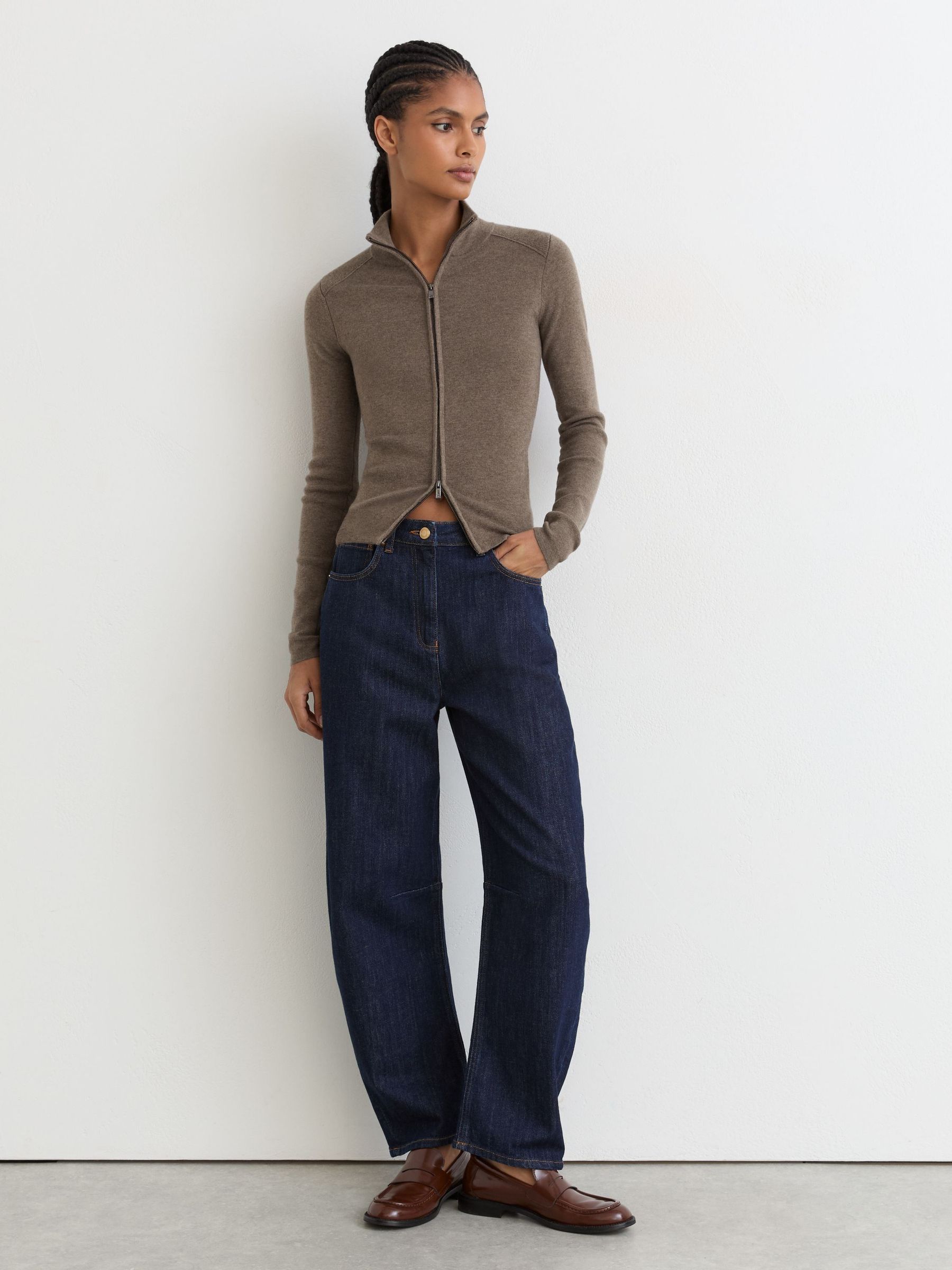 Wool-Blend Knit Zip-Through Top in Taupe Neutral - Image 3 of 7
