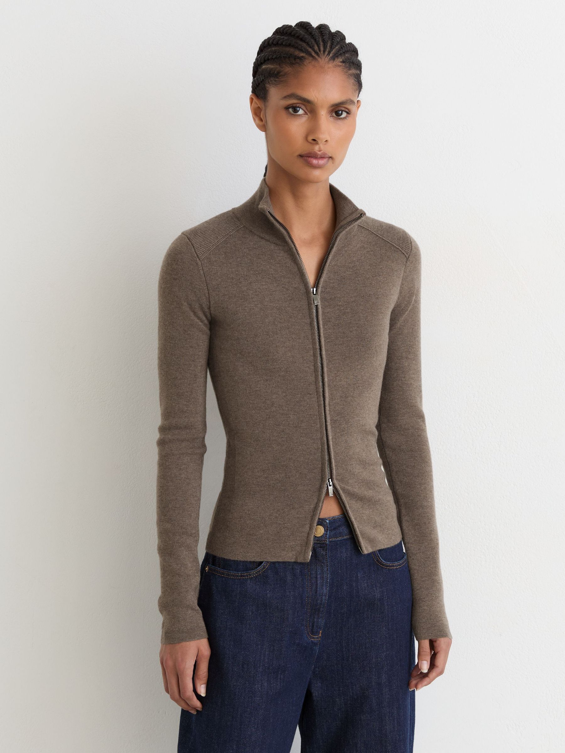 Wool-Blend Knit Zip-Through Top in Taupe Neutral - Image 4 of 7