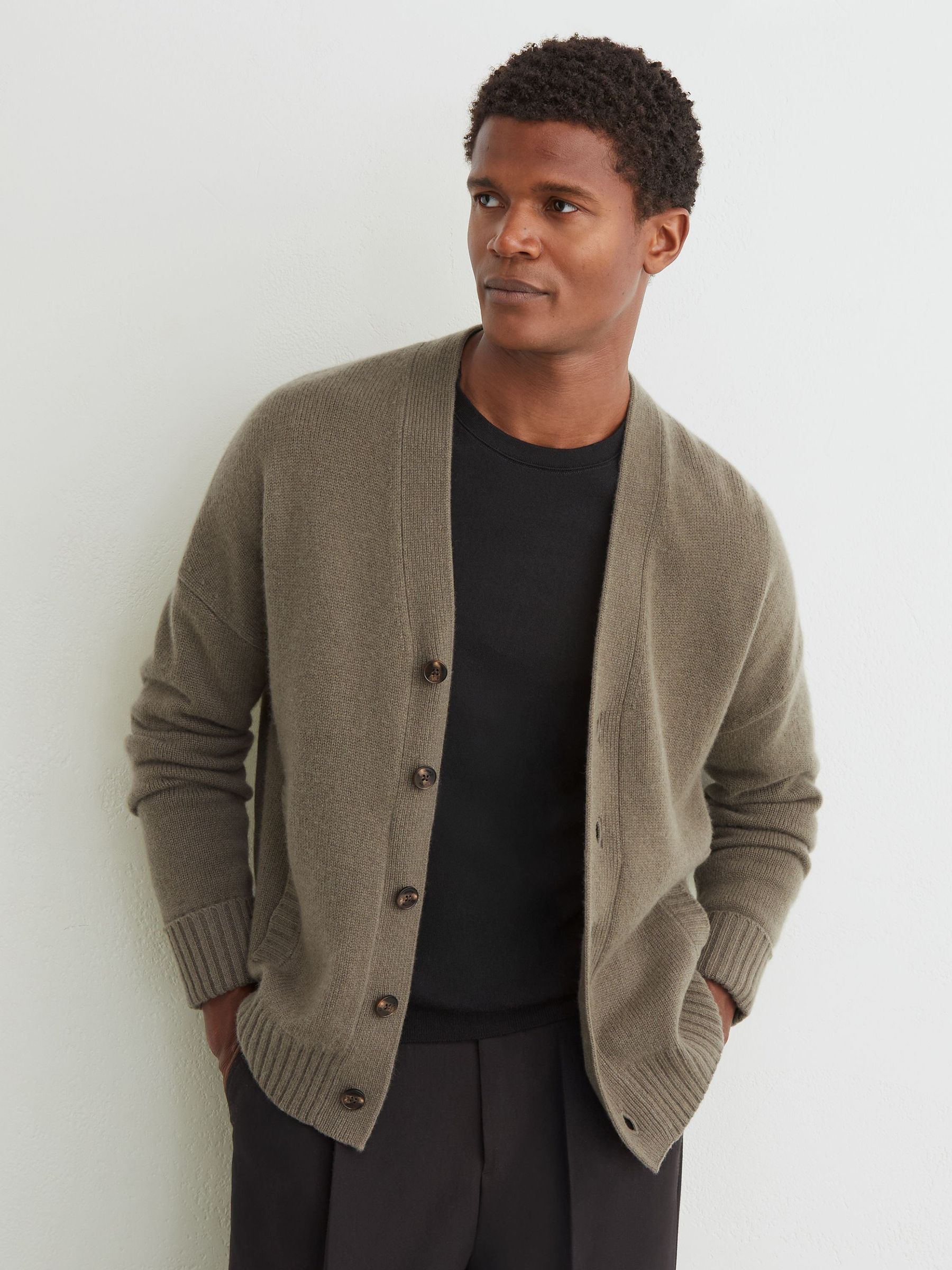 100% Cashmere V-Neck Cardigan in Sable Green - Image 1 of 7