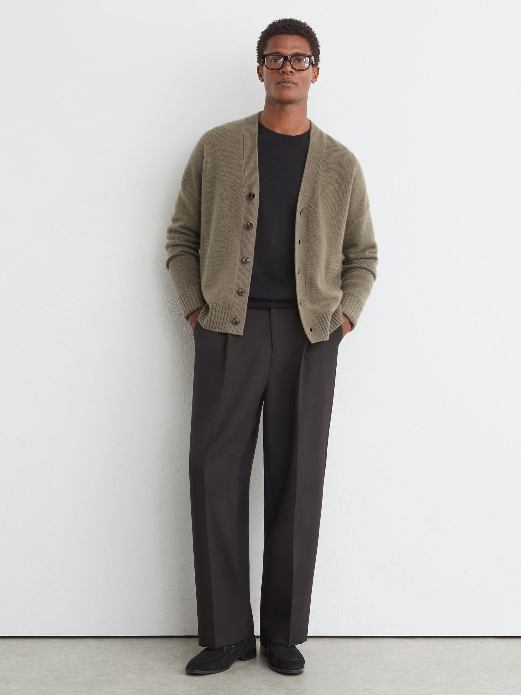 100% Cashmere V-Neck Cardigan in Sable Green - Image 3 of 7