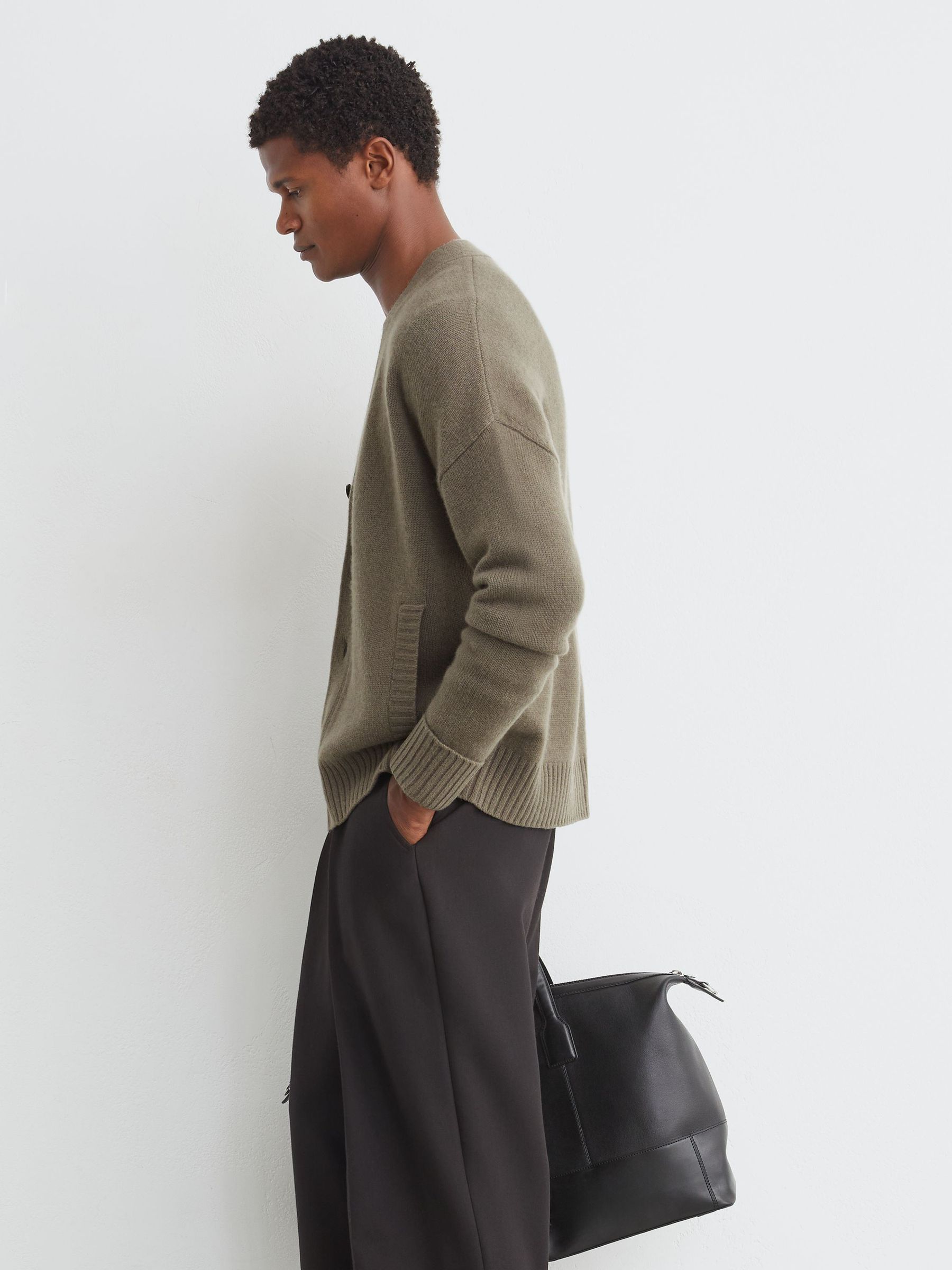 100% Cashmere V-Neck Cardigan in Sable Green - Image 6 of 7