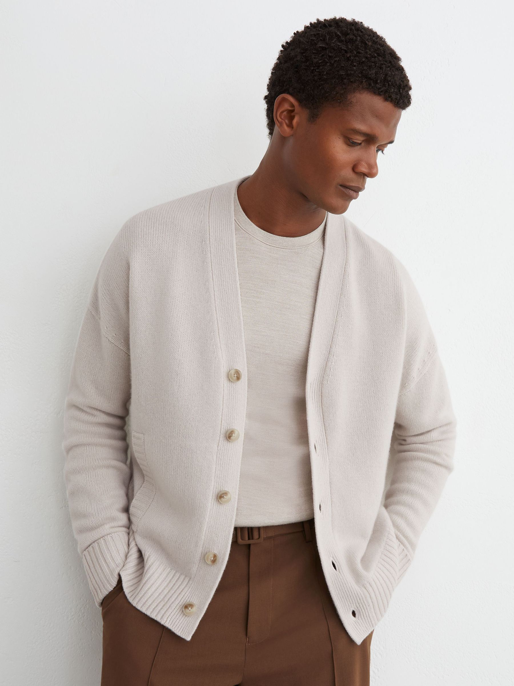 100% Cashmere V-Neck Cardigan in Parchment Grey - Image 1 of 7
