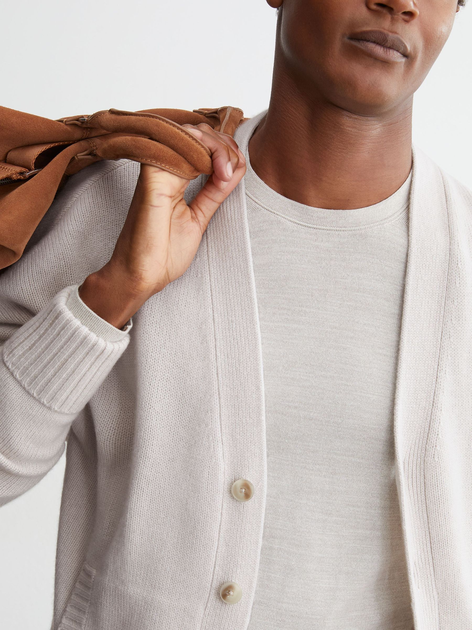100% Cashmere V-Neck Cardigan in Parchment Grey - Image 4 of 7