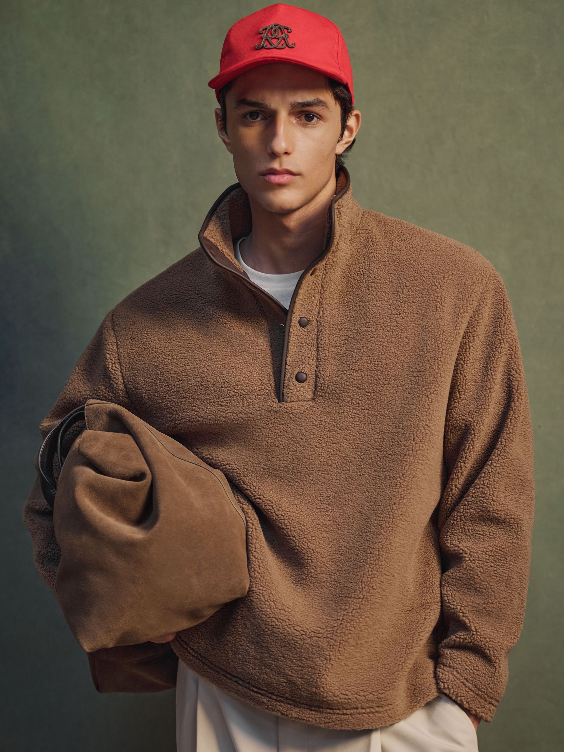 Monogram Funnel-Neck Half-Button Fleece in Camel Brown - Image 1 of 10