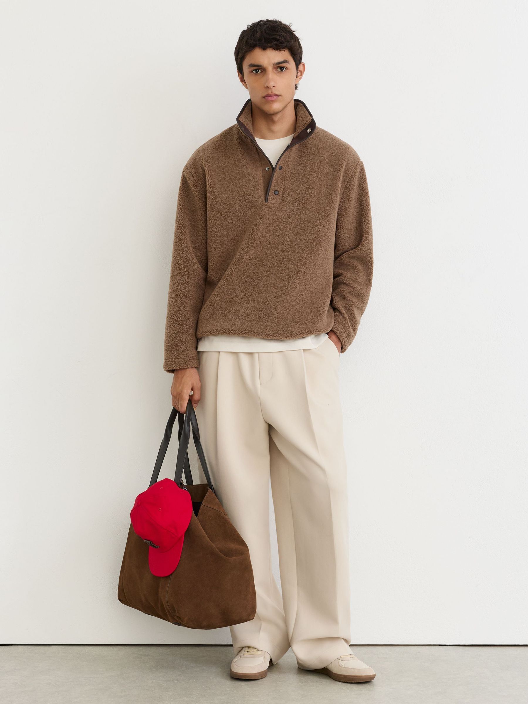 Monogram Funnel-Neck Half-Button Fleece in Camel Brown - Image 3 of 10