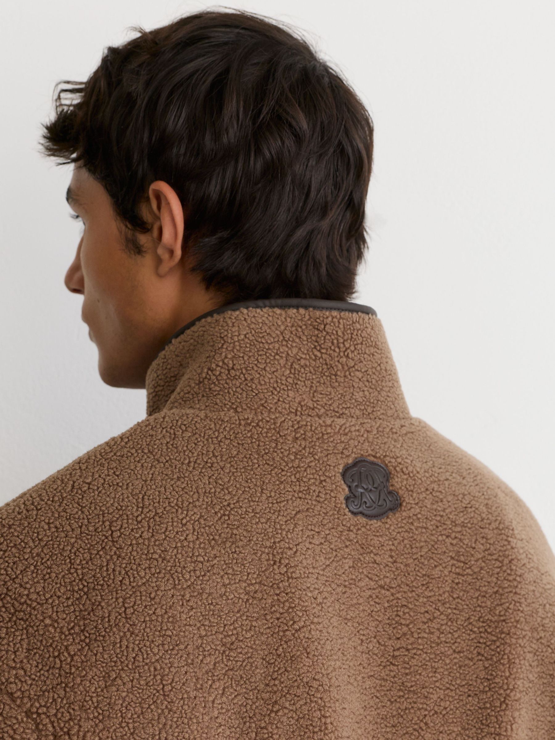 Monogram Funnel-Neck Half-Button Fleece in Camel Brown - Image 4 of 10