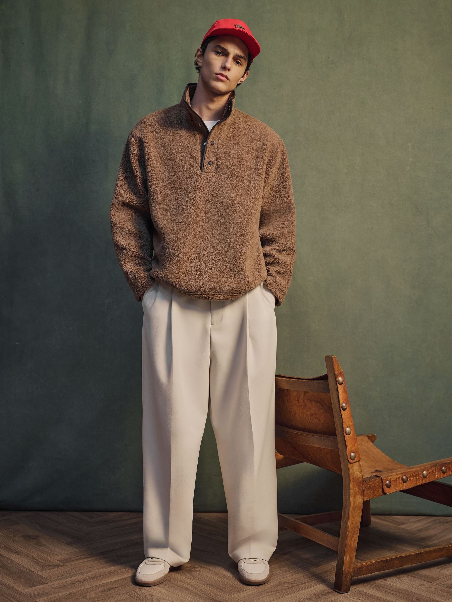 Monogram Funnel-Neck Half-Button Fleece in Camel Brown - Image 5 of 10