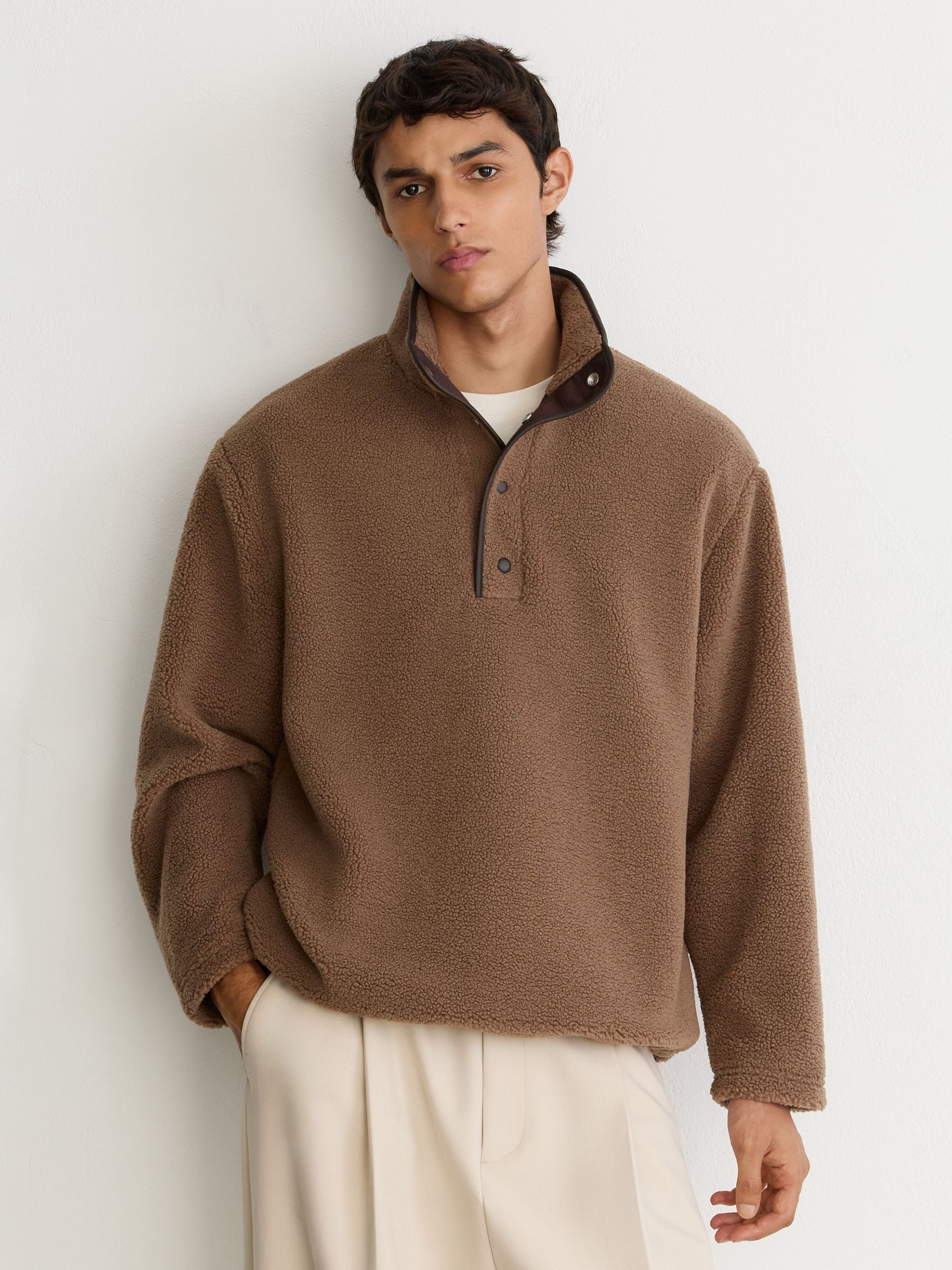 Monogram Funnel-Neck Half-Button Fleece in Camel Brown - Image 6 of 10