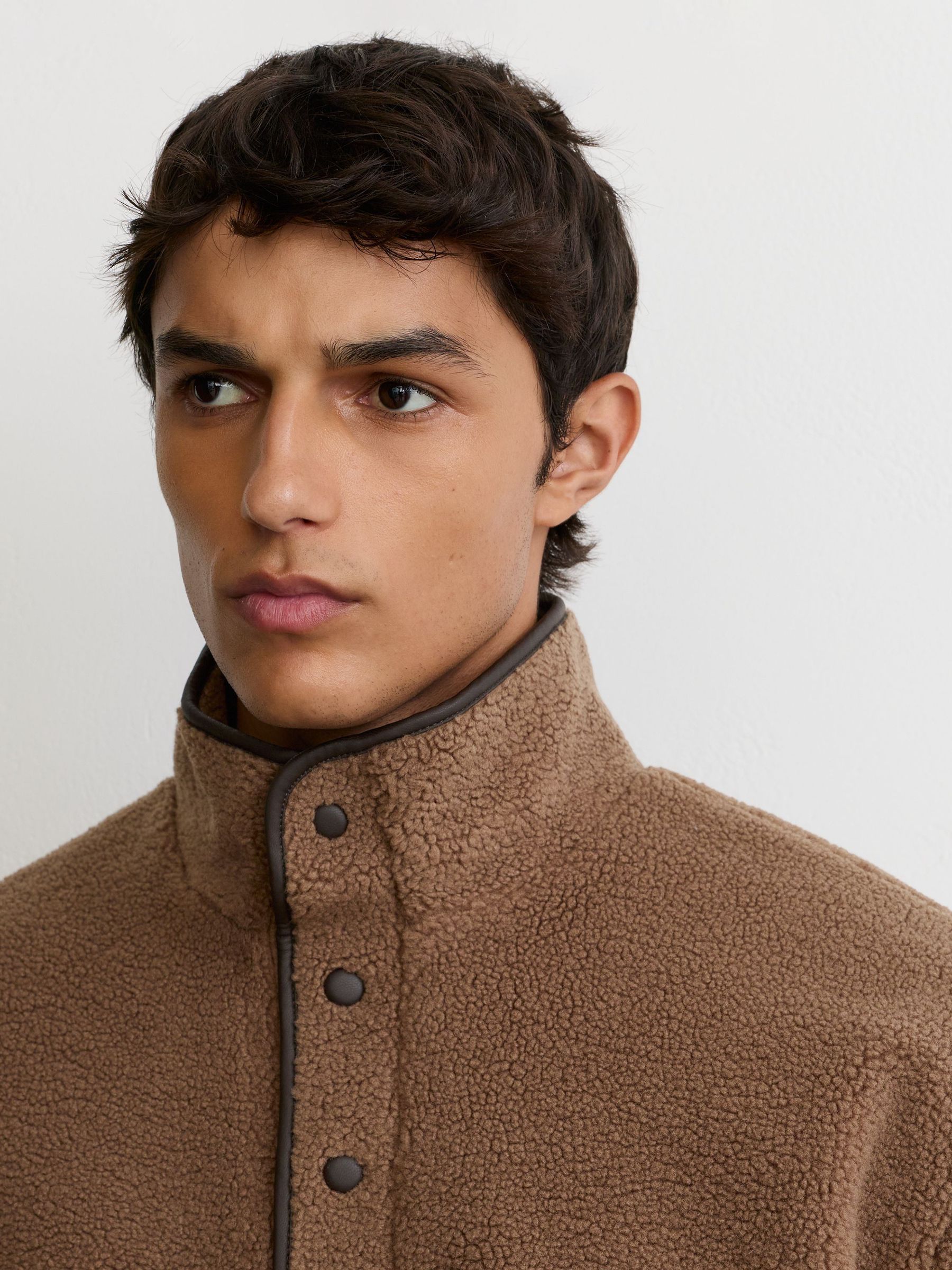 Monogram Funnel-Neck Half-Button Fleece in Camel Brown - Image 7 of 10