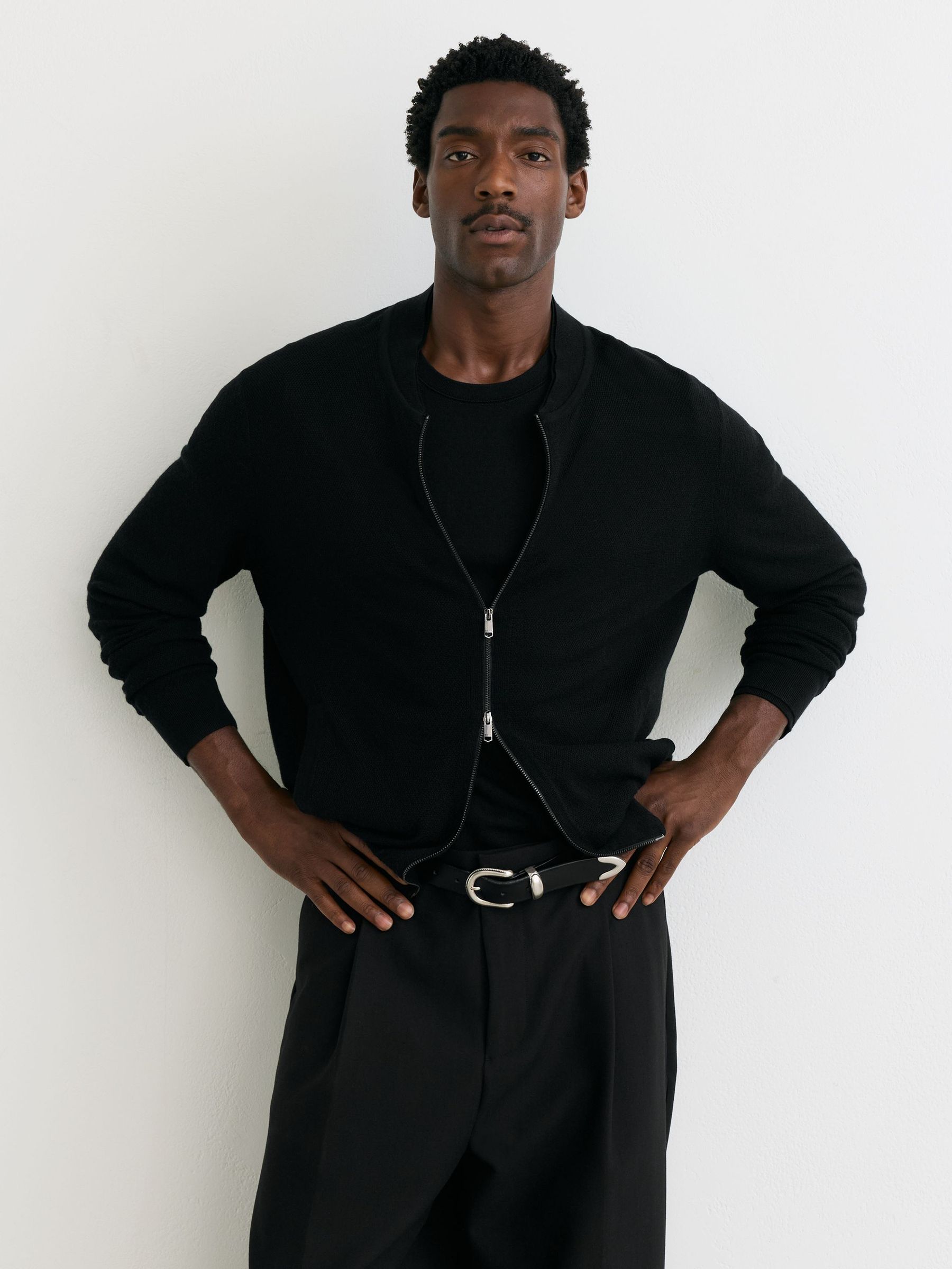 Merino Wool Textured Bomber Cardigan in Black - Image 1 of 7