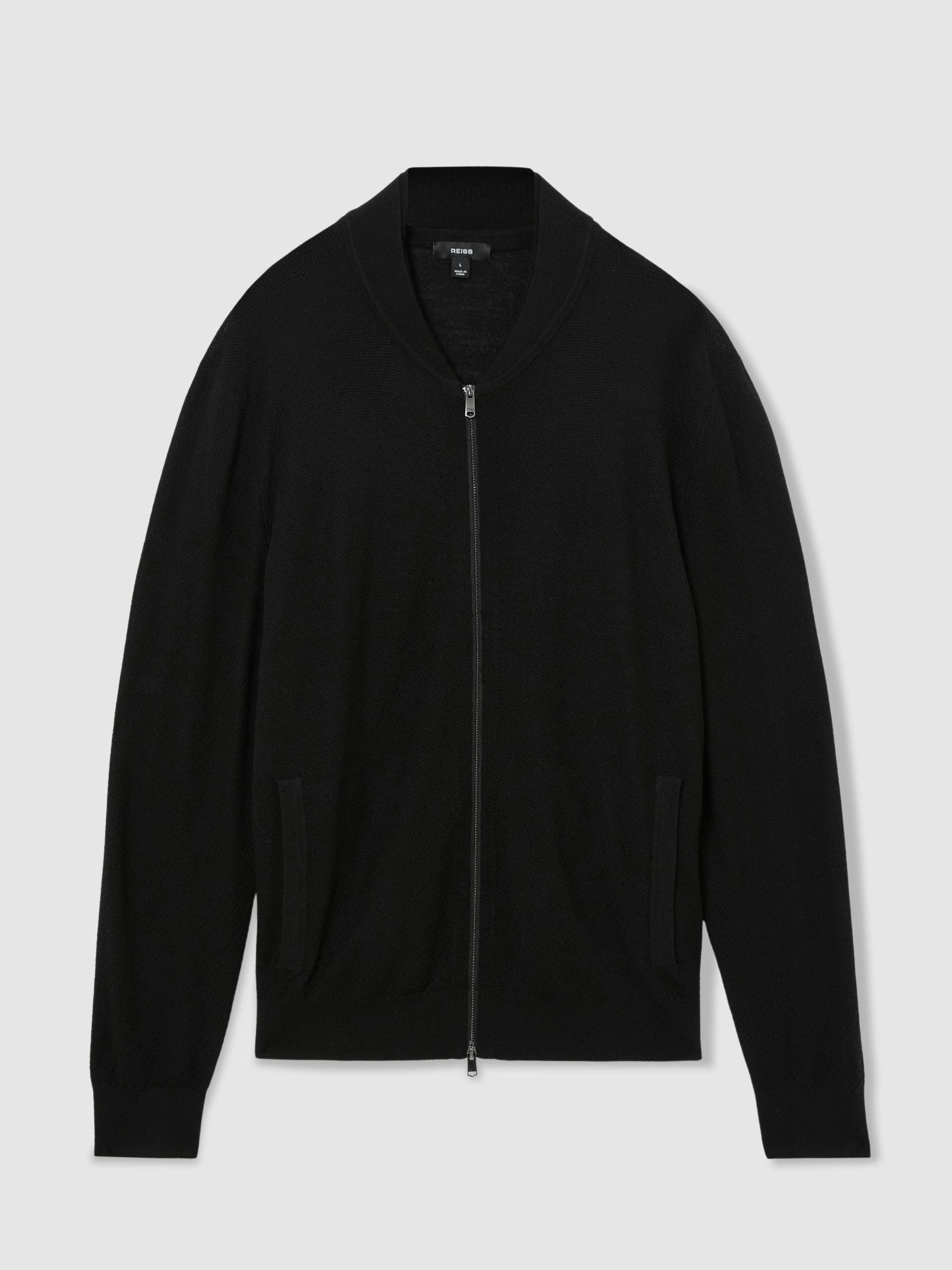 Merino Wool Textured Bomber Cardigan in Black - Image 2 of 7