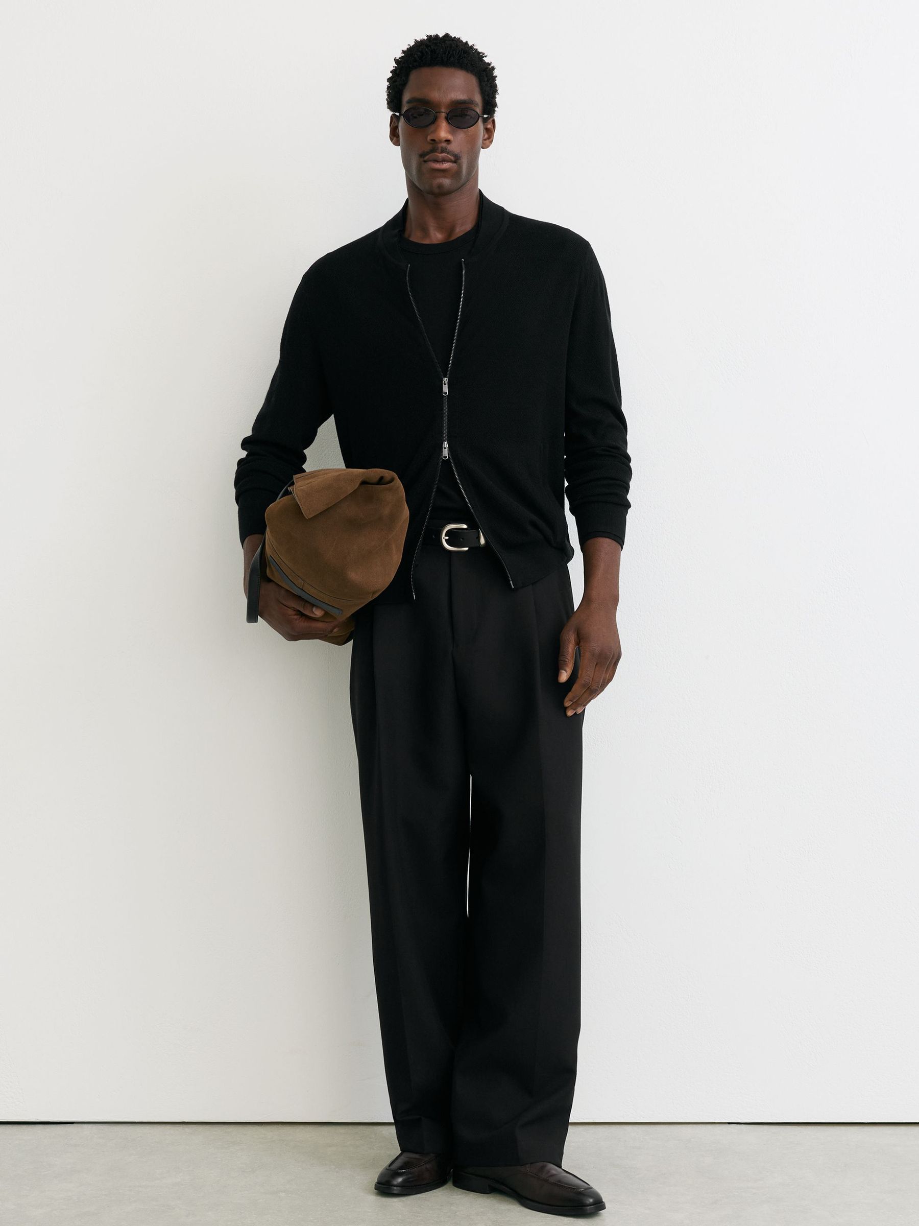 Merino Wool Textured Bomber Cardigan in Black - Image 3 of 7