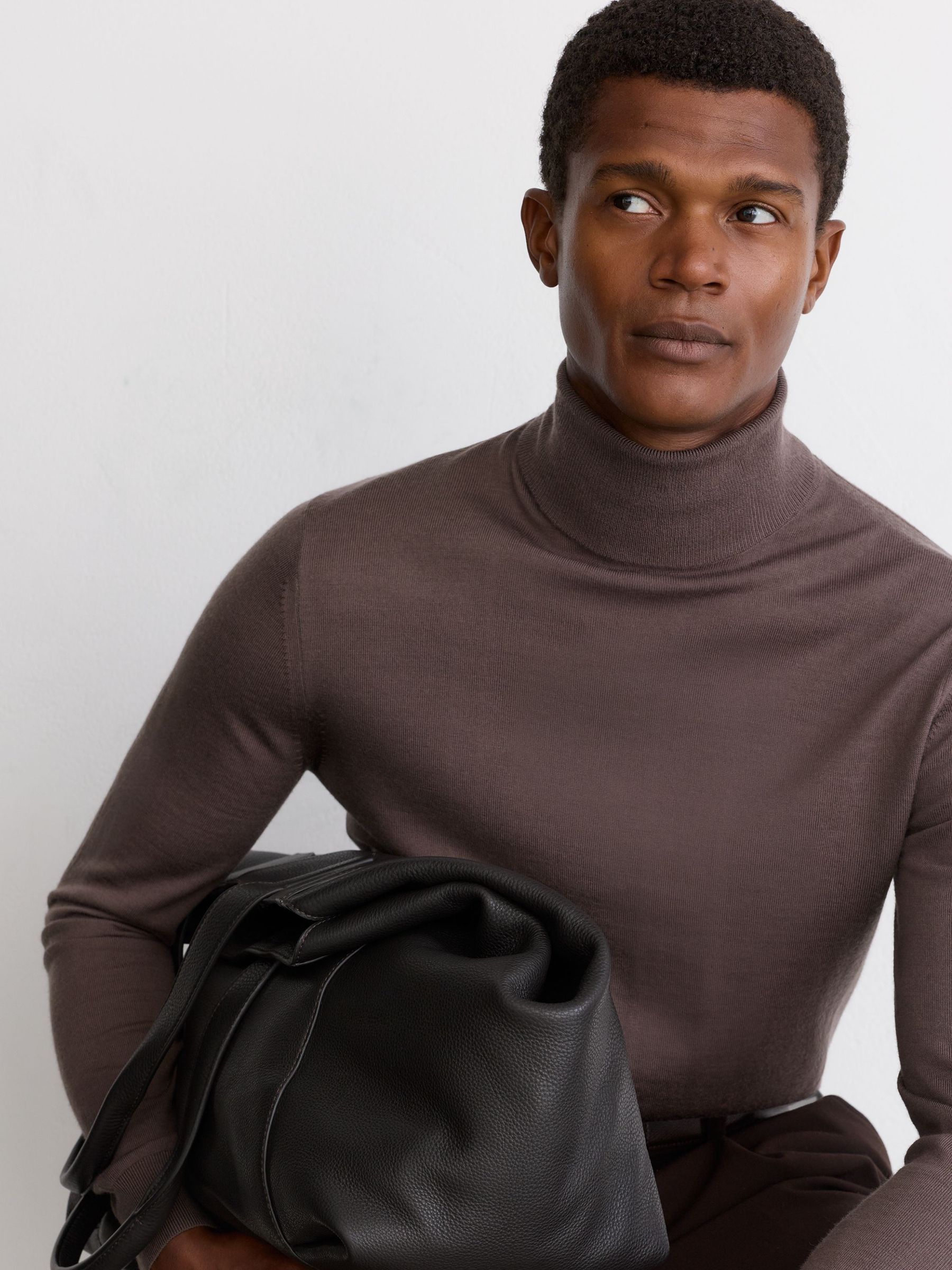 Merino Wool Roll-Neck Jumper in Ridge Brown - Image 1 of 7