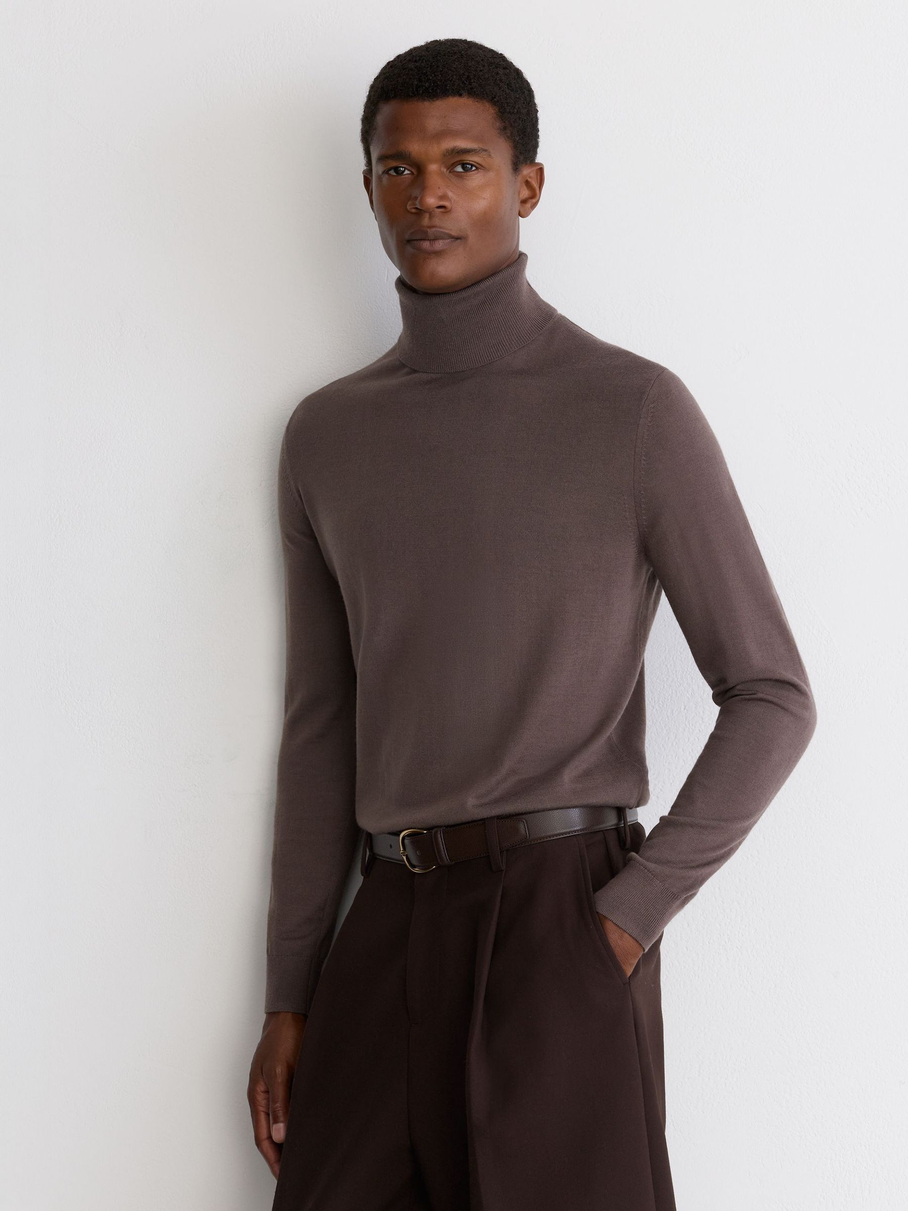 Merino Wool Roll-Neck Jumper in Ridge Brown - Image 3 of 7