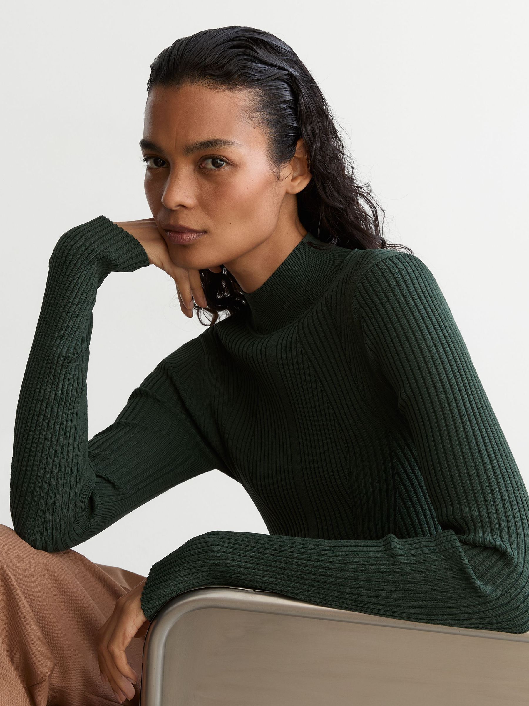 Rib-Knit Mock-Neck Jumper in Teal Green - Image 1 of 7