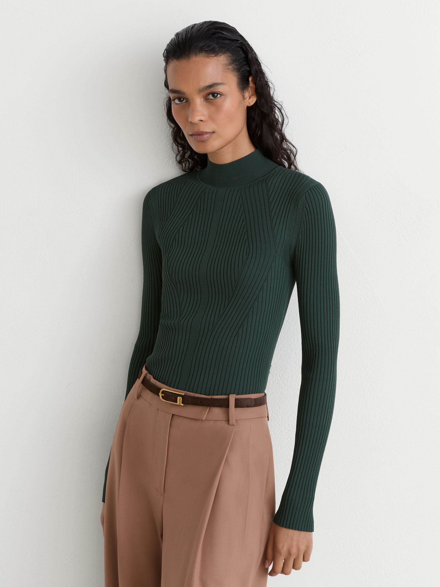 Rib-Knit Mock-Neck Jumper in Teal Green - Image 4 of 7