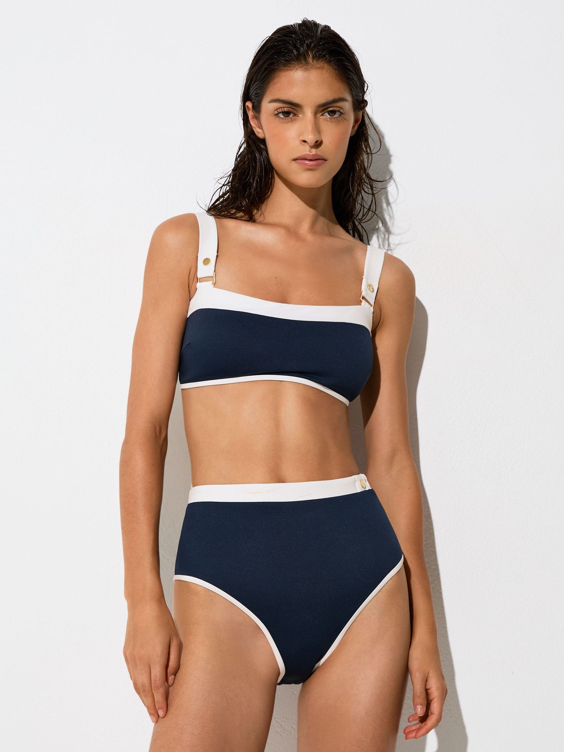 Textured Colour-Block Bikini Bottoms in Navy/Ivory - Image 3 of 6