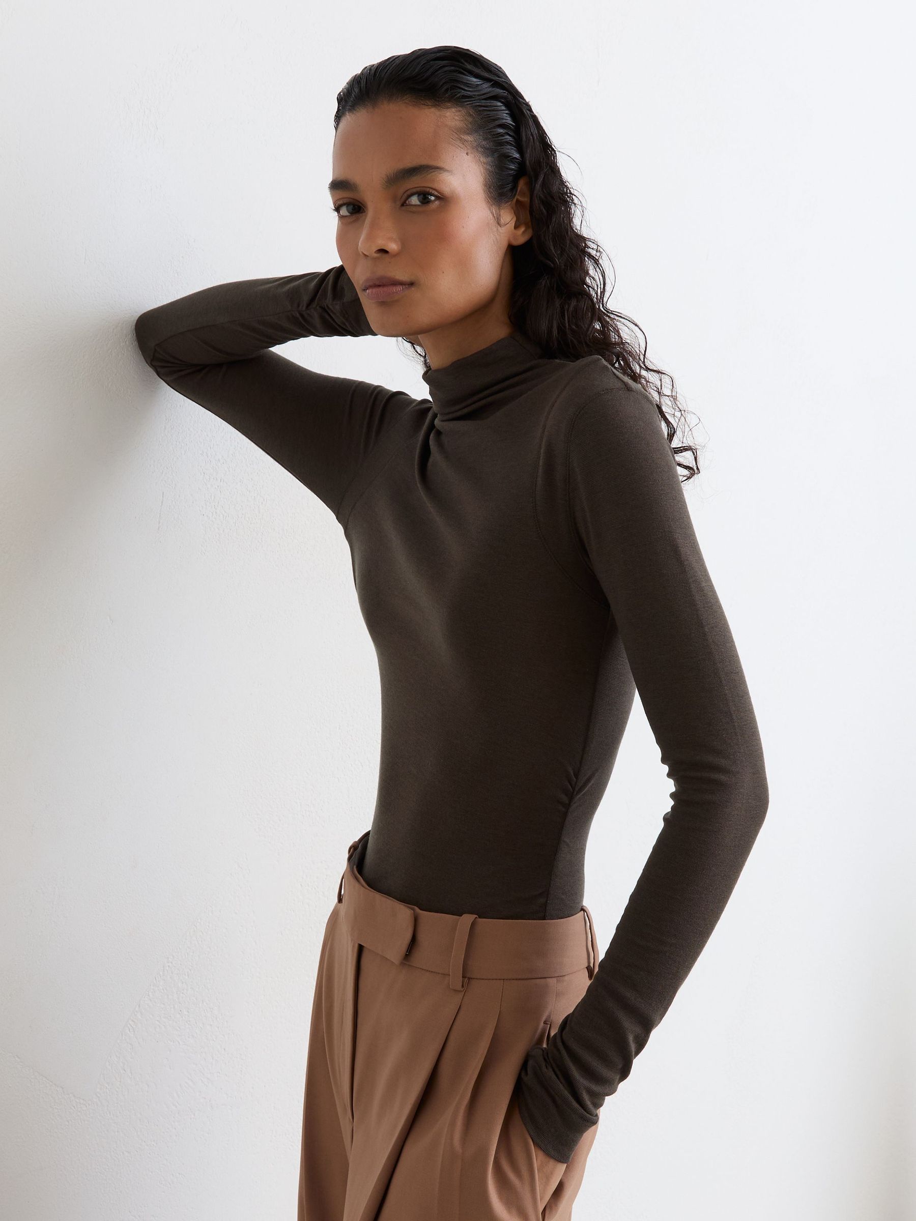 Lyocell-Wool Ruched Mock-Neck Top in Chocolate Brown - Image 1 of 6