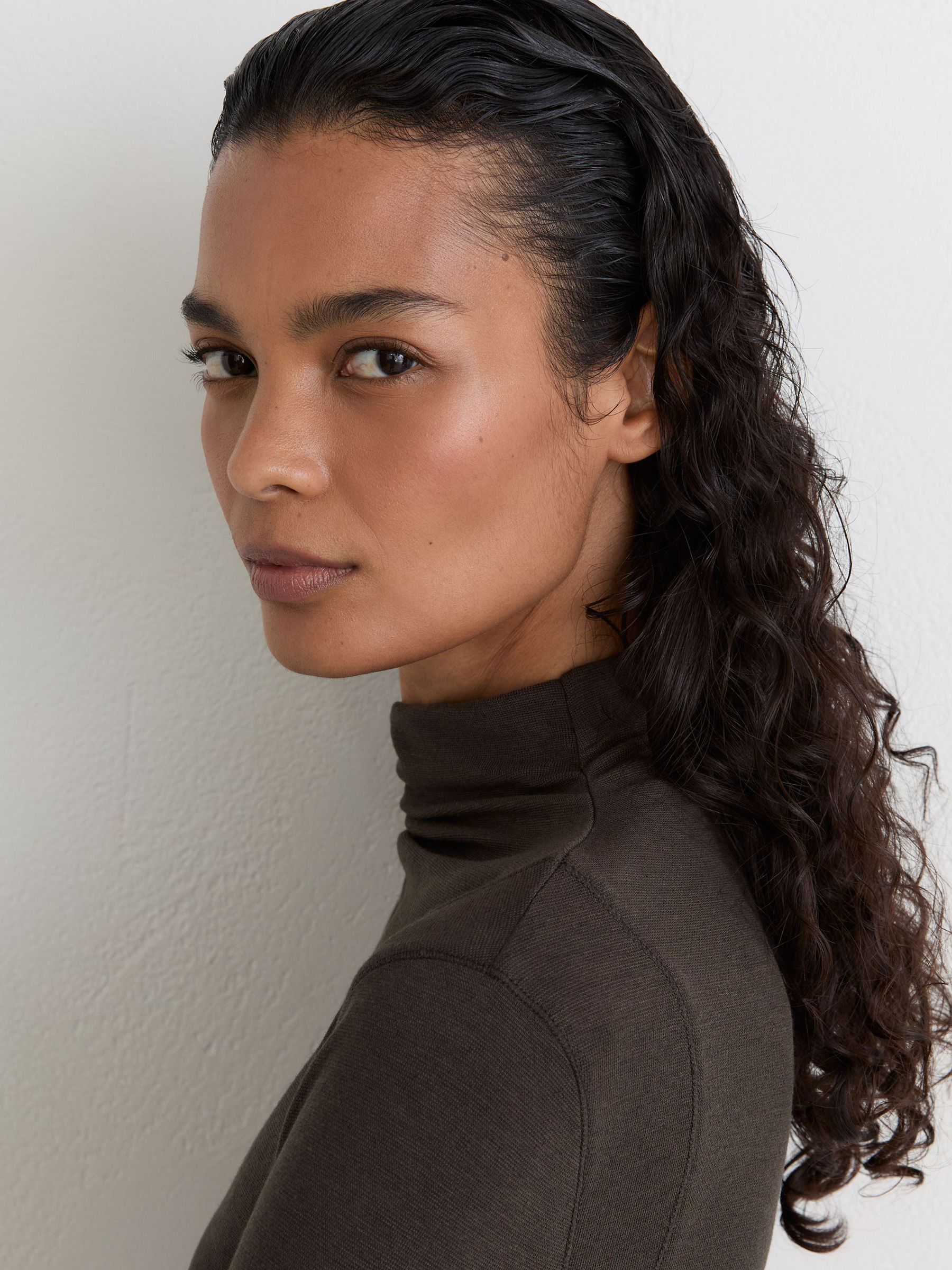 Lyocell-Wool Ruched Mock-Neck Top in Chocolate Brown - Image 3 of 6