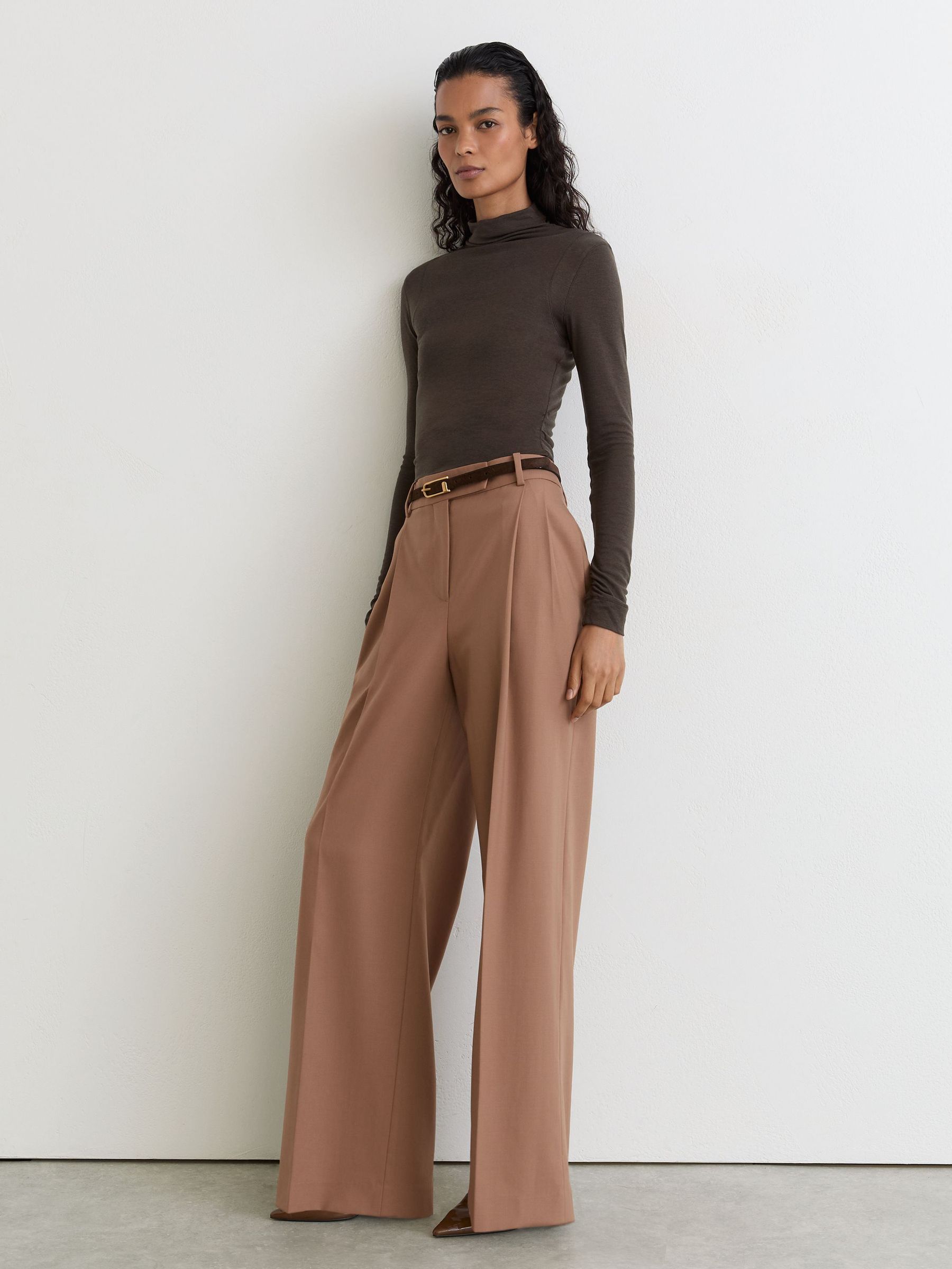 Lyocell-Wool Ruched Mock-Neck Top in Chocolate Brown - Image 4 of 6